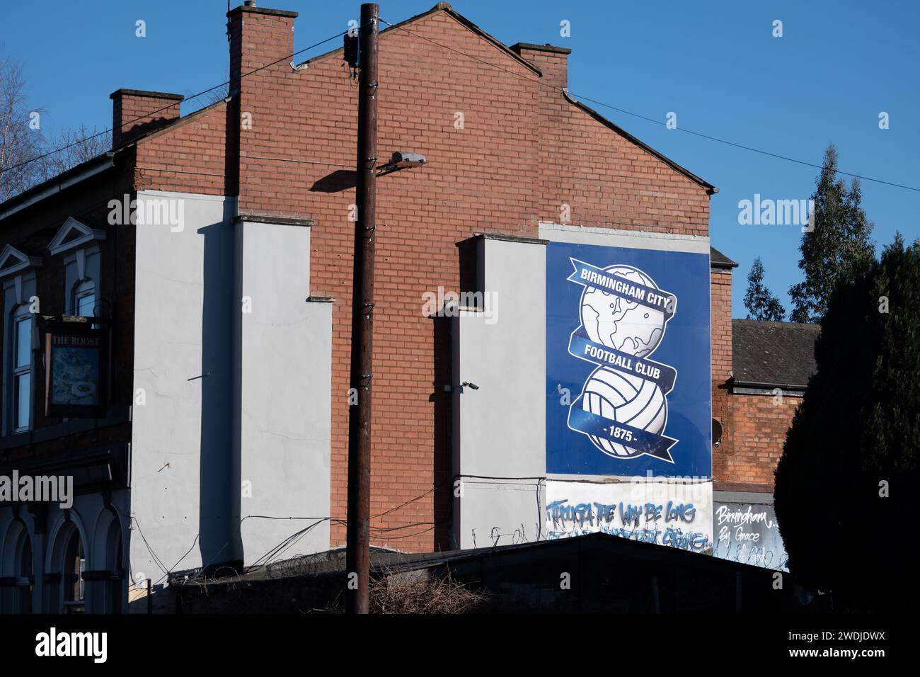 Cartello del Birmingham City Football Club sul pub Roost, Bordesley Green, Birmingham, Regno Unito Foto Stock