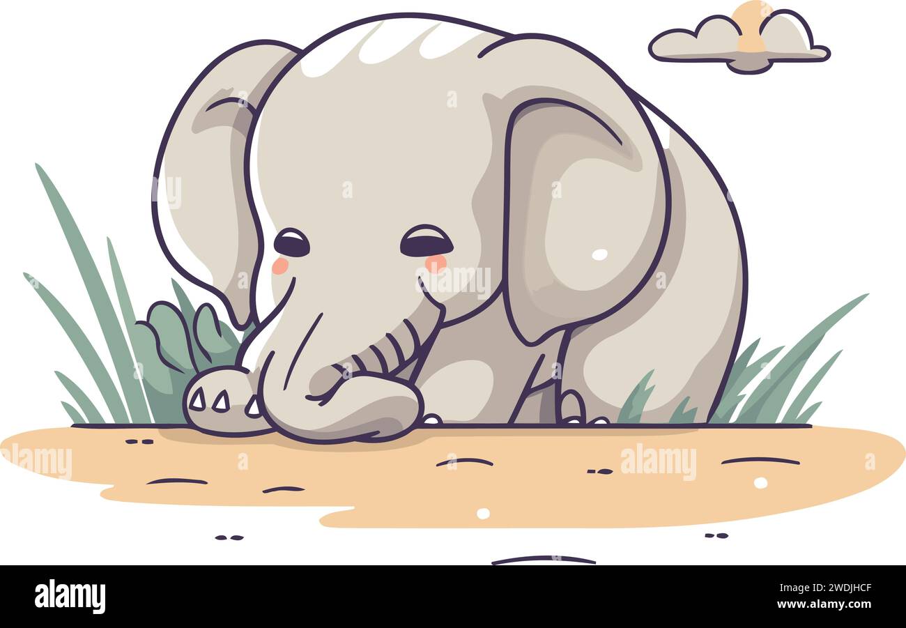 Carino elefante da cartoni animati che giace sull'erba. Illustrazione vettoriale in stile piatto. Illustrazione Vettoriale