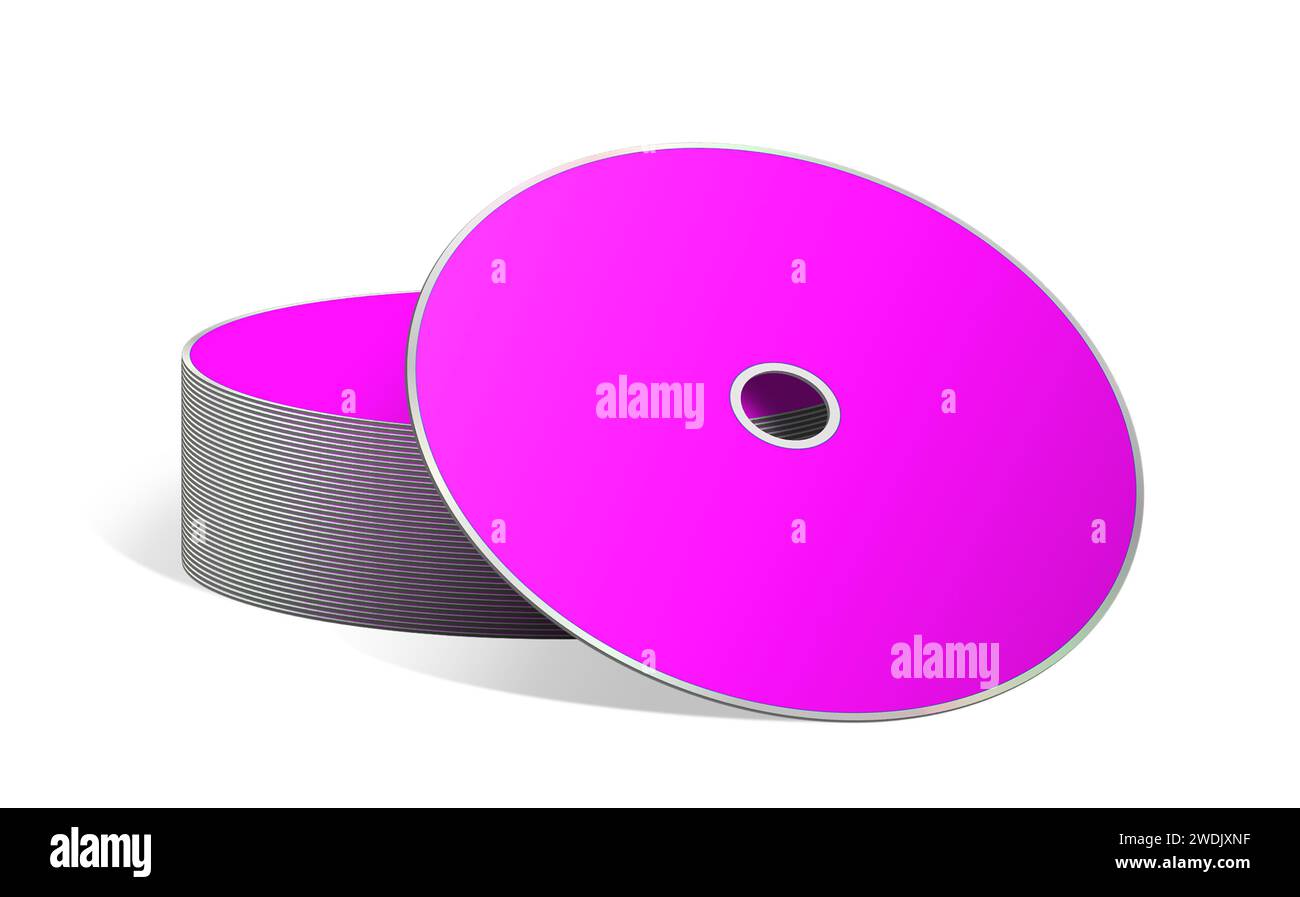 Modello vuoto per CD o DVD magenta per layout e design di presentazione. Rendering 3D. Immagine generata digitalmente. Isolato su sfondo bianco. Foto Stock