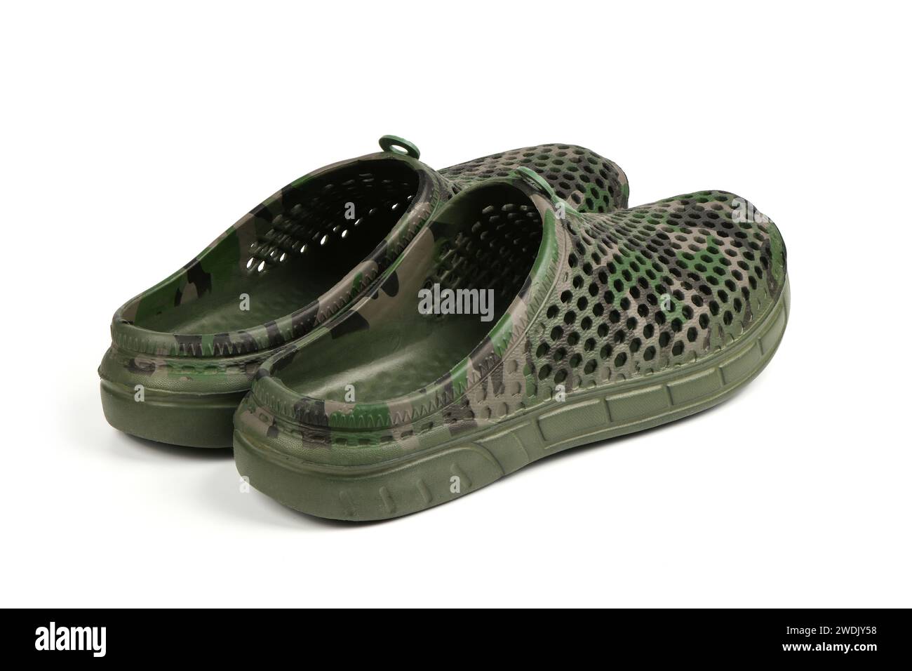 Coppia di galosci verdi scuri isolati su sfondo bianco. Scarpe per le giornate piovose. Foto ad alta risoluzione. Profondità di campo completa. Foto Stock