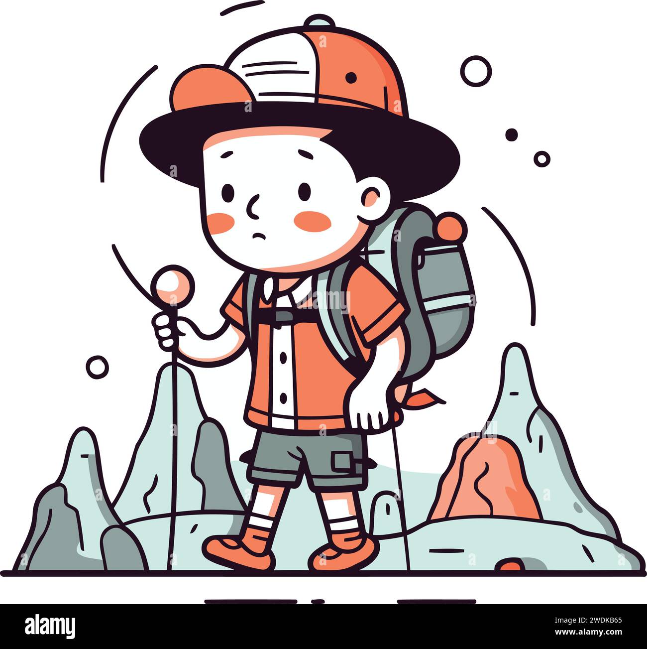 Adorabile bambino esploratore con zaino e binocolo. Illustrazione vettoriale. Illustrazione Vettoriale