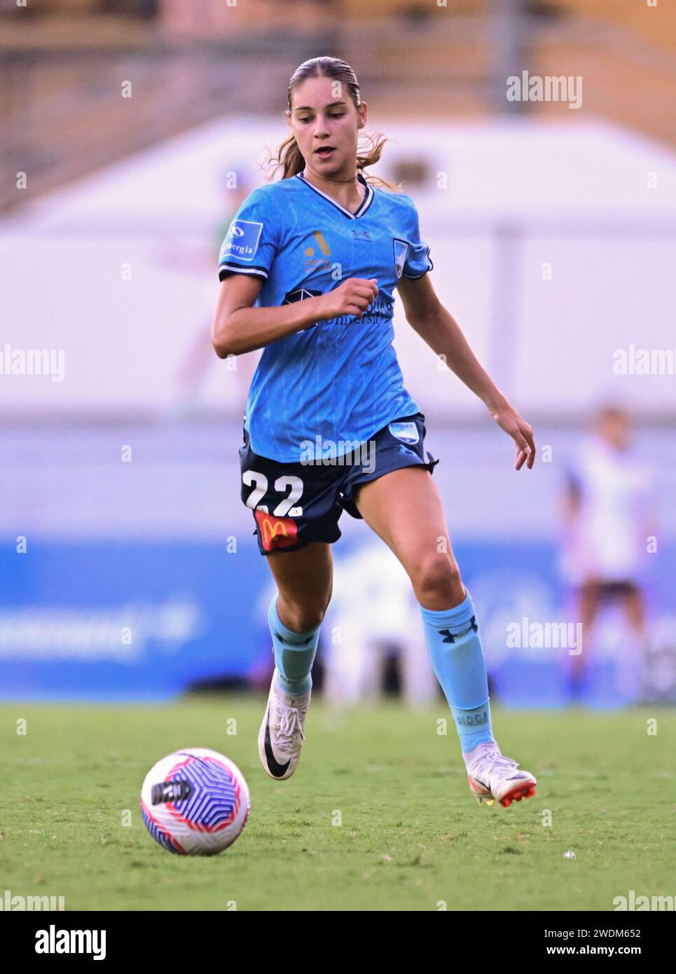 Lilyfield, Australia. 21 gennaio 2024. Indiana Dos Santos della squadra del Sydney FC è visto in azione durante la partita della stagione Liberty A-League 2023/24 round 13 tra Sydney FC e Newcastle Jets tenutasi al Leichhardt Oval di Lilyfield. Punteggio finale Sydney FC 2:1 Newcastle Jets. Credito: SOPA Images Limited/Alamy Live News Foto Stock