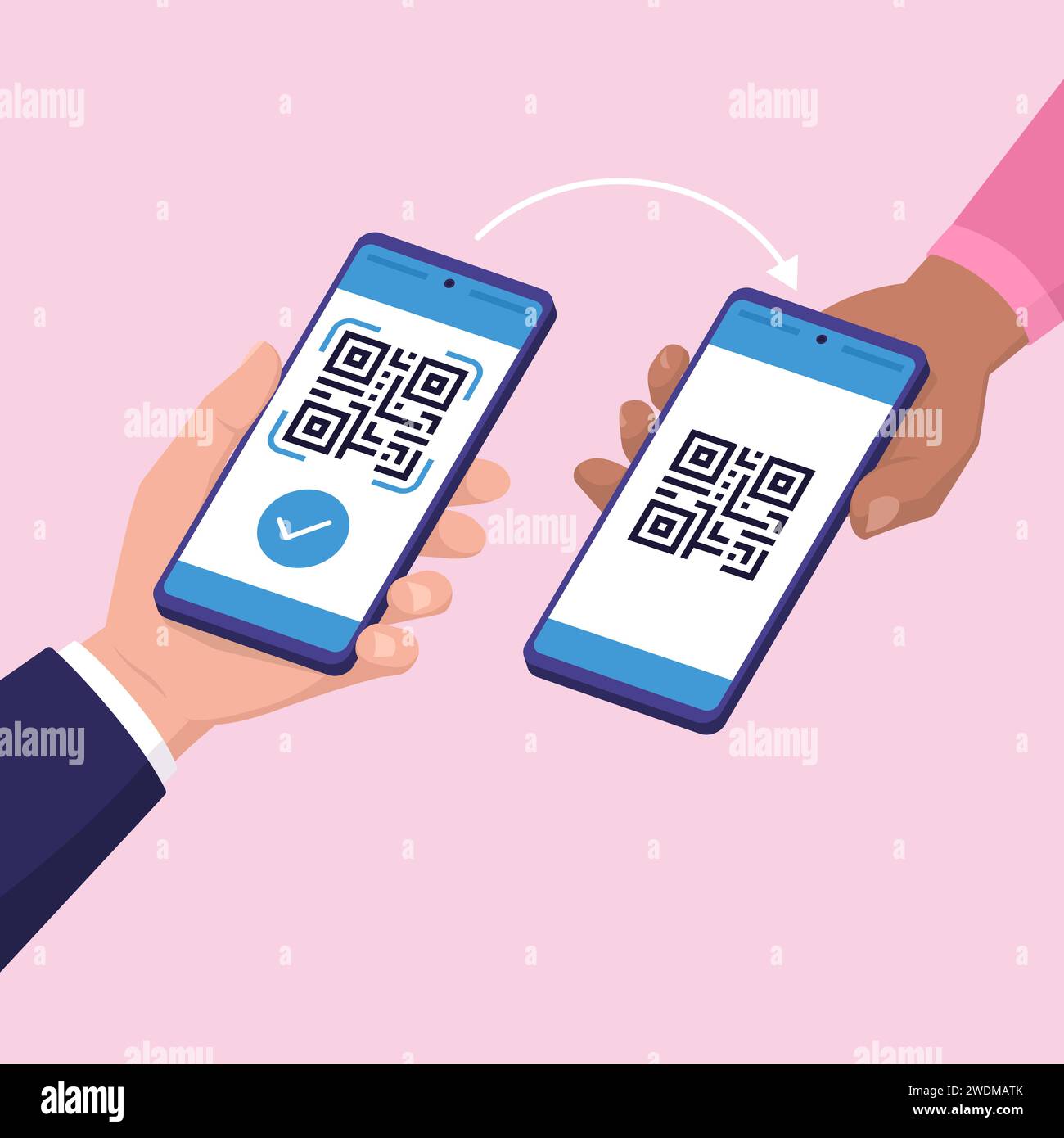 Il cliente esegue la scansione di un codice QR utilizzando il suo smartphone, il concetto di pagamento del codice QR Illustrazione Vettoriale