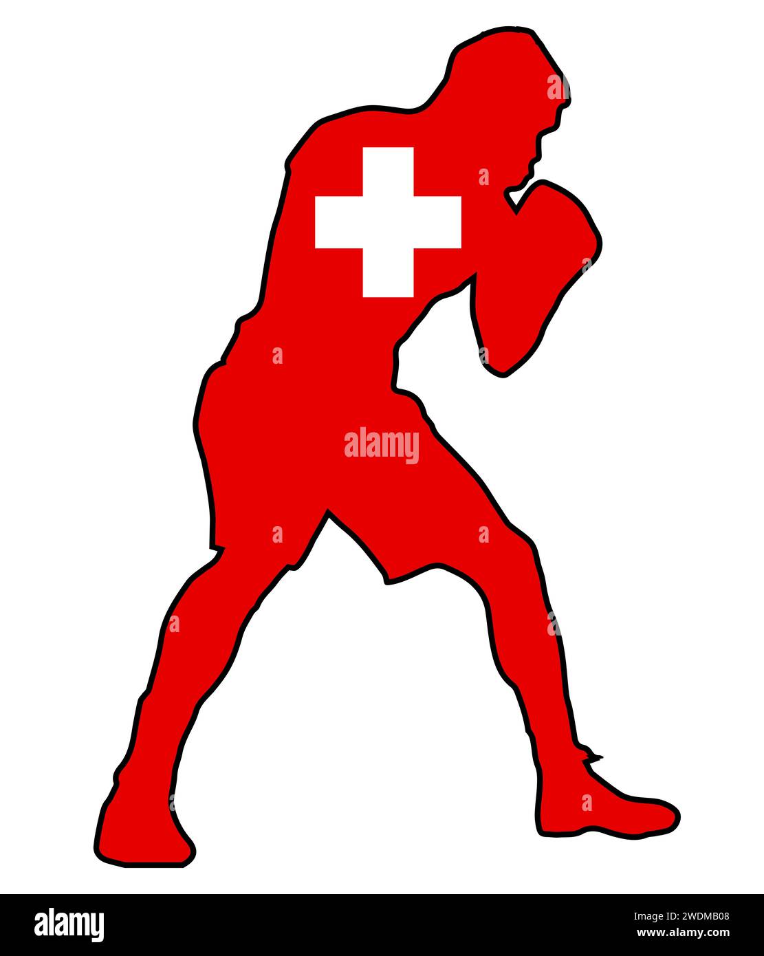 Silhouette di un pugile pesante con contorno sulla bandiera nazionale della Svizzera Foto Stock