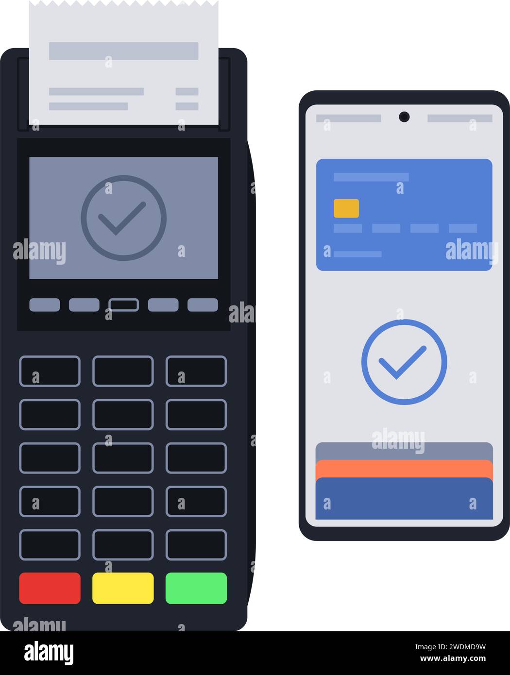 Terminale POS che accetta un pagamento con portafoglio digitale sullo smartphone Illustrazione Vettoriale