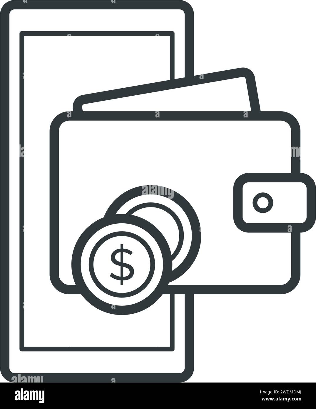 App portafoglio digitale su smartphone, transazioni elettroniche e concetto di valuta digitale, icona isolata Illustrazione Vettoriale
