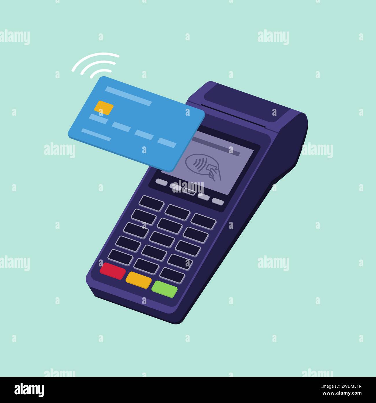 Concetto di pagamento tramite terminale POS senza contatto con carta di credito, transazioni e pagamenti Illustrazione Vettoriale