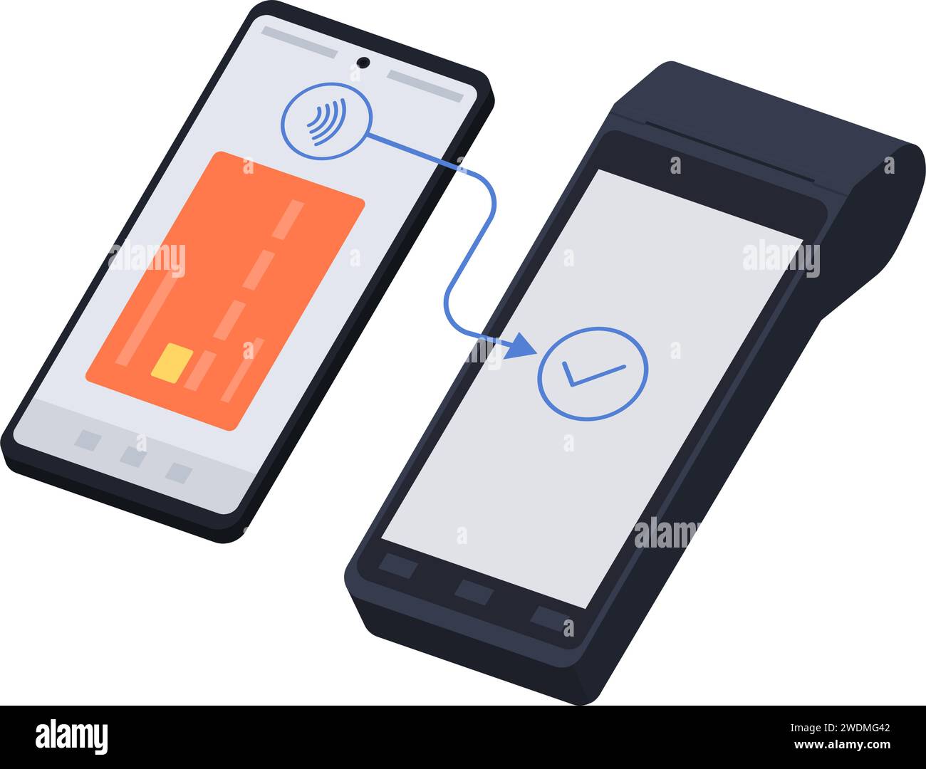 Terminale POS che accetta un pagamento con portafoglio digitale sullo smartphone Illustrazione Vettoriale