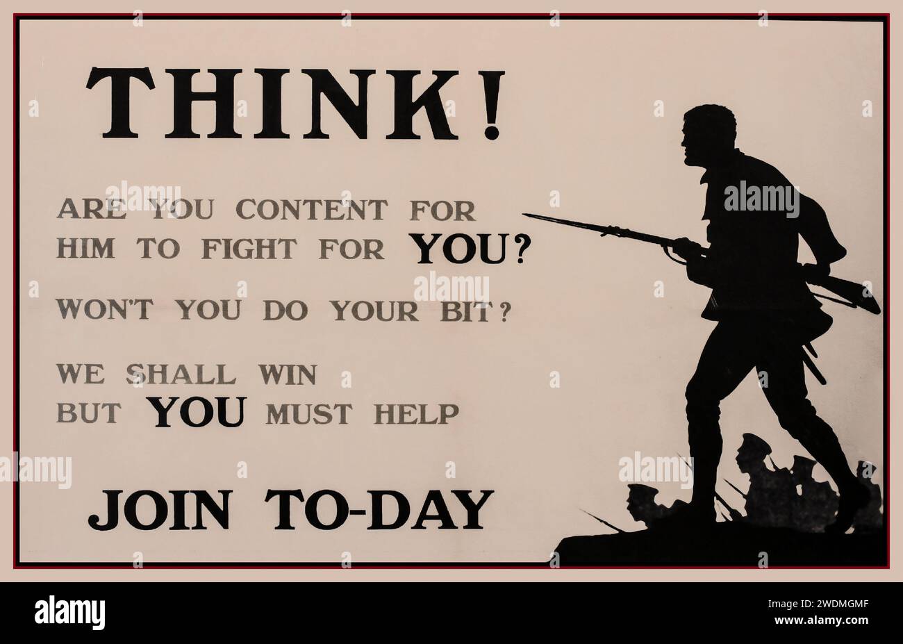 Poster di reclutamento WW1 di H Oakley' Think! Sei contento che lui combatta per TE?" Poster vintage del 1914 del Comitato reclutamento parlamentare britannico n. 38 stampato da Chorley & Pickersgill prima Guerra Mondiale la grande Guerra Foto Stock