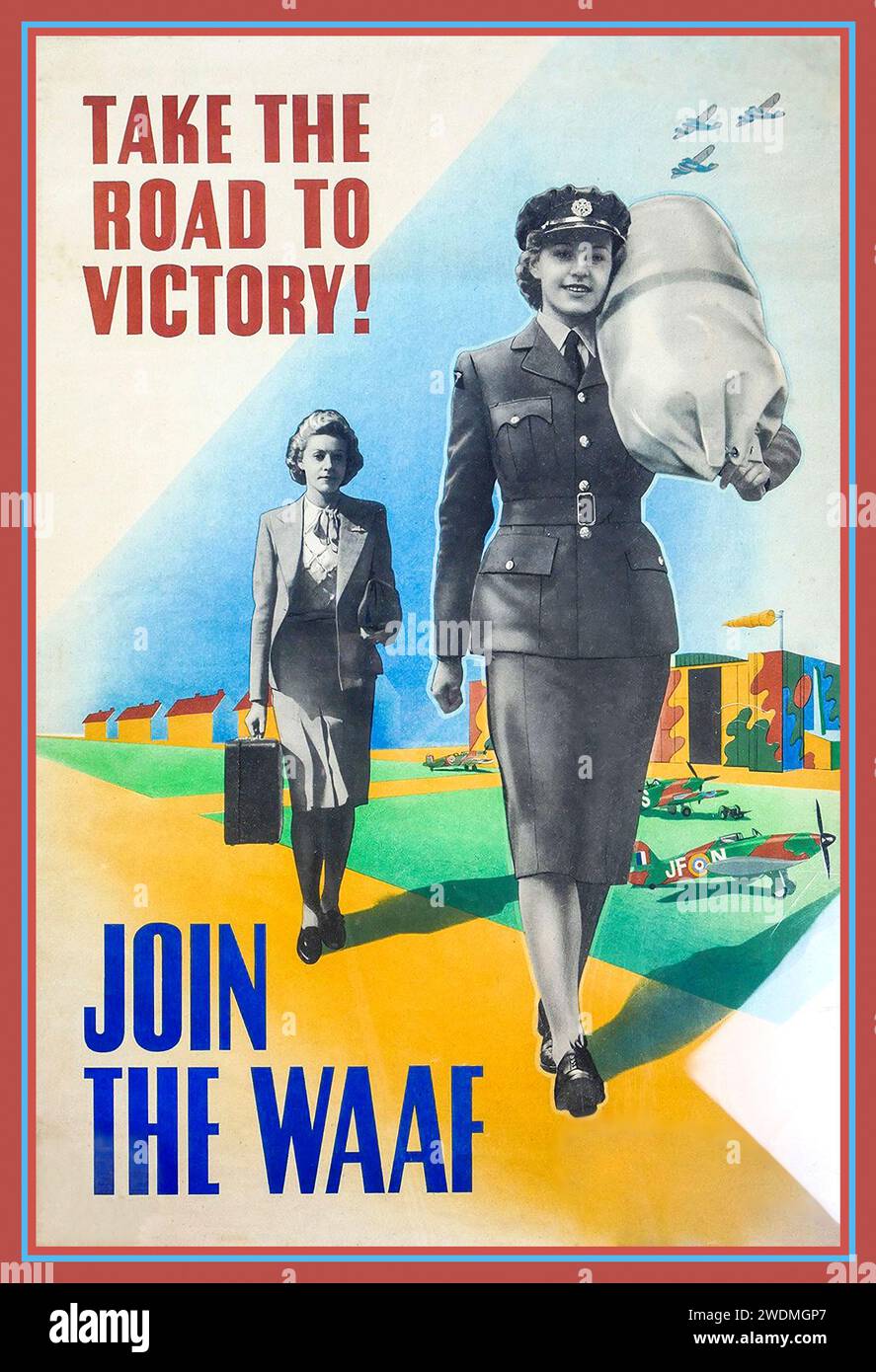 Poster di reclutamento WAAF WW2 UK 1940s per la WAAF "Take the Road to Victory" "Join the WAAF" Womens Auxillary Air Force. Con aerei Spitfire illustrati dietro su un campo di aviazione della RAF in Gran Bretagna. Seconda Guerra Mondiale seconda Guerra Mondiale Foto Stock