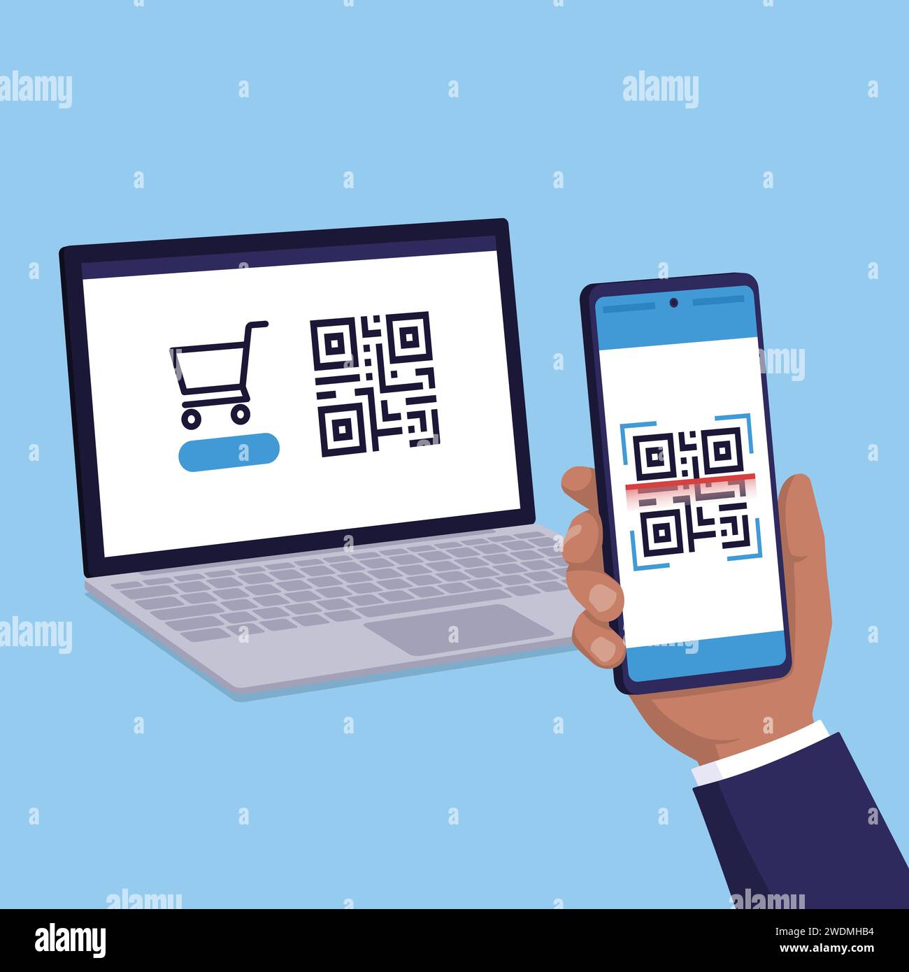Utente in possesso di uno smartphone e scansione di un codice: Acquisti online e pagamenti con codice QR Illustrazione Vettoriale