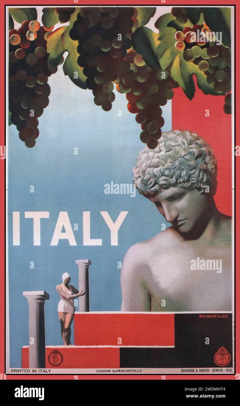 Italy Vintage Travel poster Italy stampato da Barabino e Graeve Genoa nel 1935. Turismo ufficiale ENIT di Michahelles, che illustra arte, architettura, vino e sole. Foto Stock