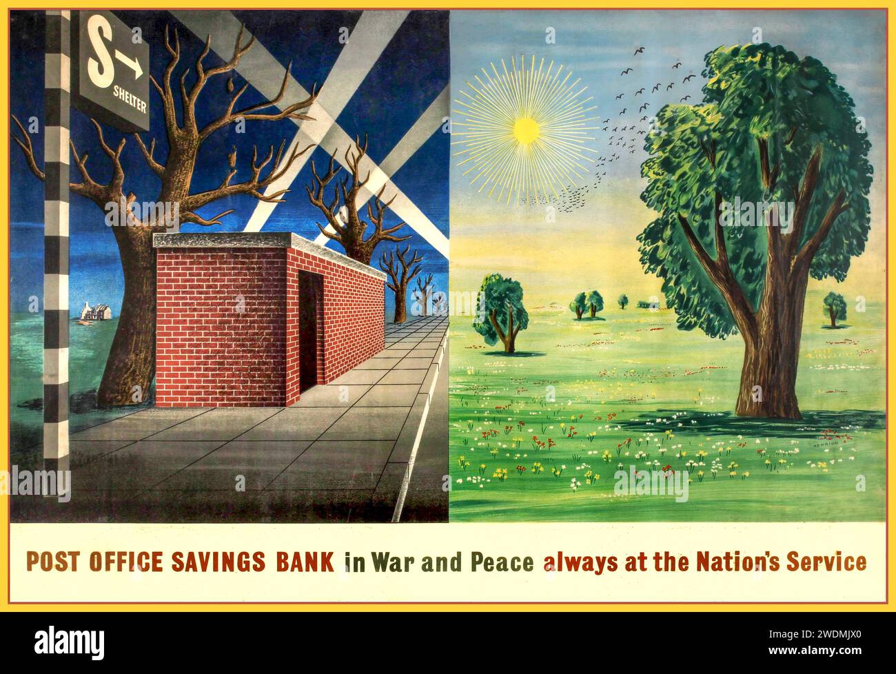 WW2 POST OFFICE POSTER PUBBLICITARIO PUBBLICITARIO Post Office Savings Bank WWII Henrion poster pubblicitario vintage per Post Office Savings Bank in War and Peace Always at the Nation's Service. Illustrazione del grafico Frederick Henri Kay Henrion (Heinrich Fritz Kohn; 1914-1990), conosciuto come il padre fondatore della moderna identità aziendale europea. Orizzontale. War poster, Regno Unito, anni '1940, disegno di Frederick Henri Kay Henrion Foto Stock