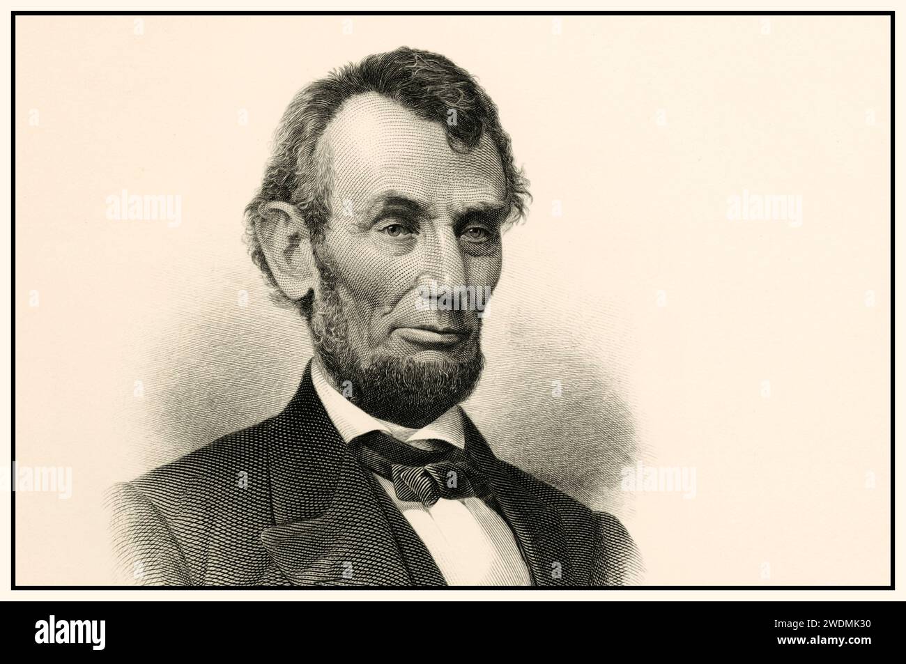 Abraham Lincoln vintage etch B&W Portrait, 12 febbraio 1809 – 15 aprile 1865) è stato un avvocato, politico e statista statunitense che ha servito come XVI presidente degli Stati Uniti dal 1861 fino al suo assassinio nel 1865. Lincoln guidò gli Stati Uniti attraverso la guerra civile americana, difendendo la nazione come unione costituzionale, sconfiggendo la Confederazione insorta, abolendo la schiavitù, espandendo il potere del governo federale e modernizzando l'economia statunitense. Foto Stock