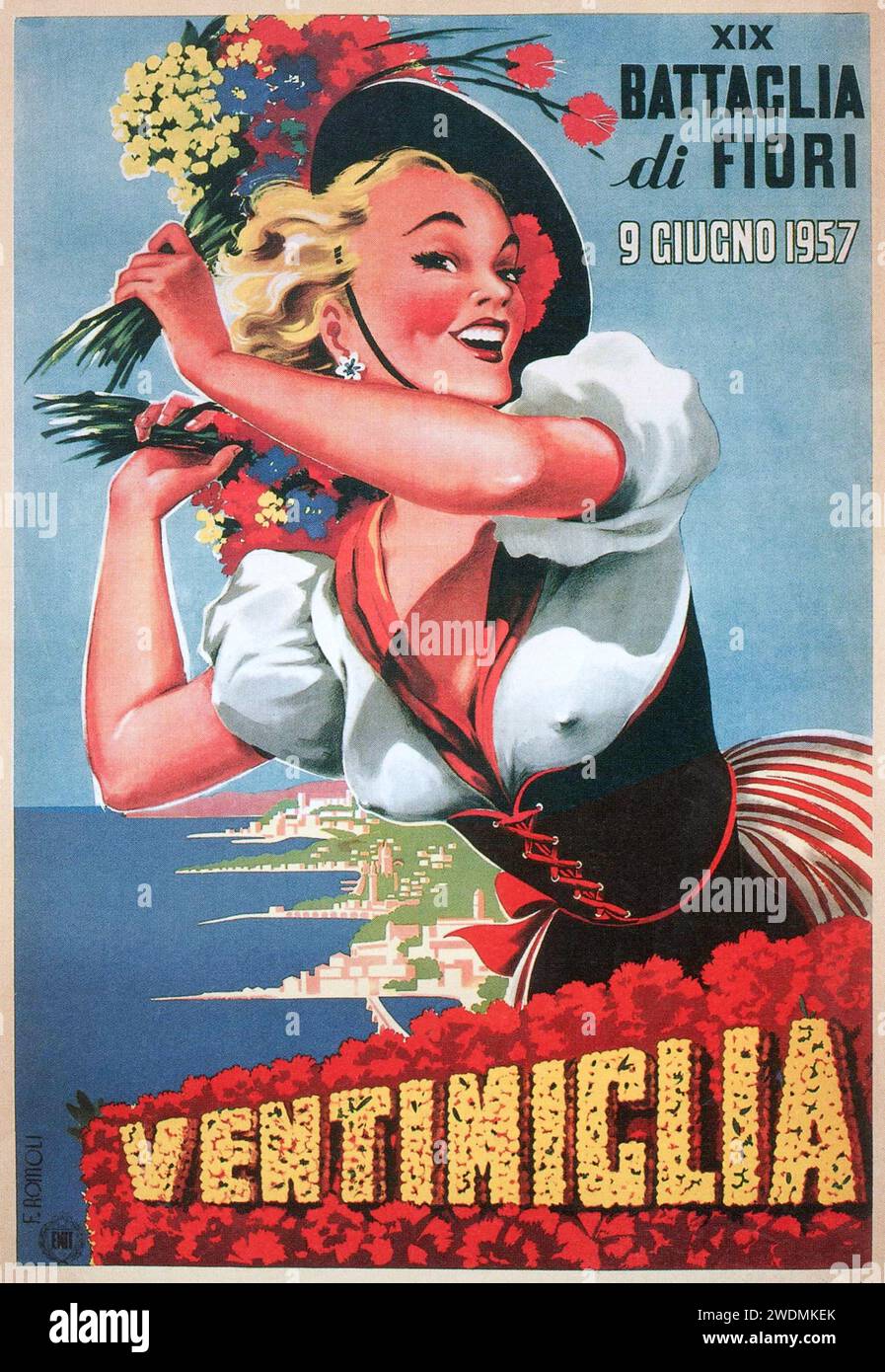 Poster di viaggio vintage anni '1950 per Ventimiglia Battaglia dei Fiori 1957 Italia Filippo Romoli artista Foto Stock