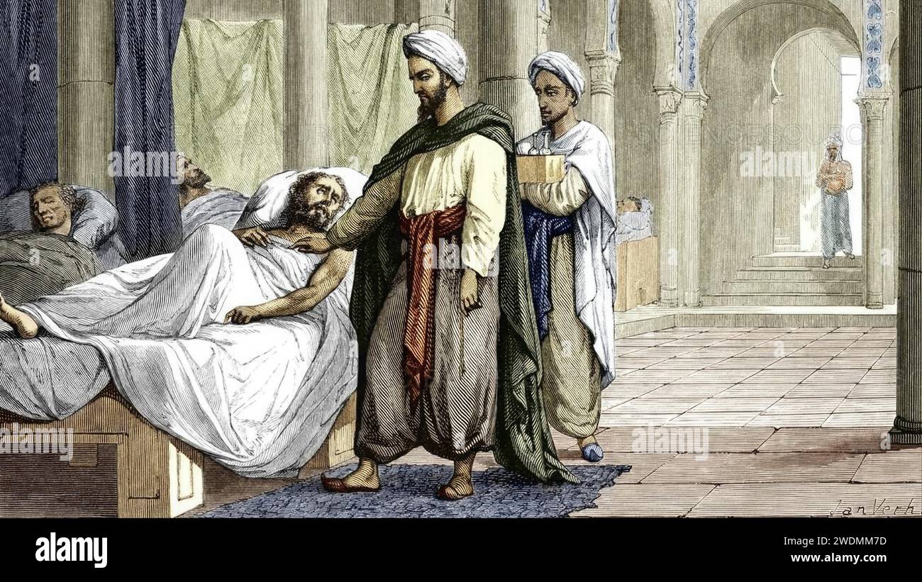 Rappresentazione del chirurgo Abu al-Qasim (Aboulcassis) 940-1013) presso l'ospedale di Cordoba, al Andalus (Abu al-Qasim al-Zahrawi (Albucasis) medico arabo musulmano e chirurgo nell'ospedale di Cordoba, al-Andalus) incisione da 'la-vie-des-Savant-illustres' di Louis Figuier, 1866. Foto Stock