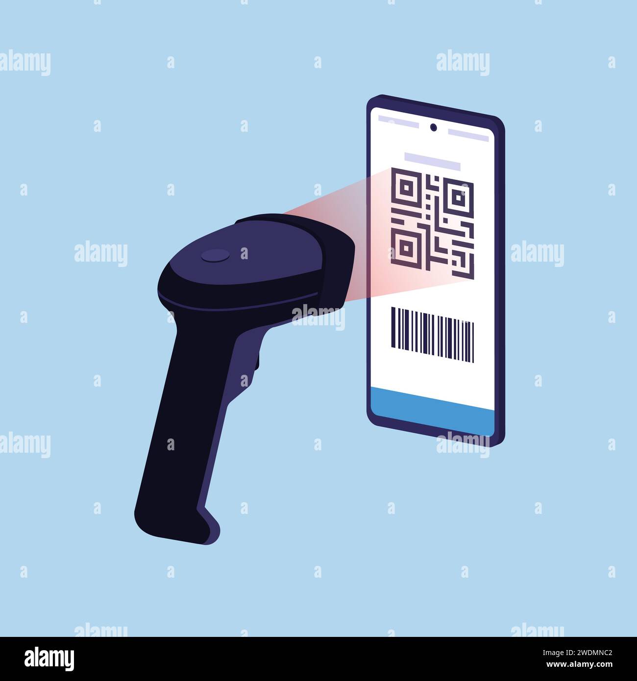 Scanner che riconosce e legge un codice QR sullo schermo dello smartphone, concetto di pagamento del codice QR Illustrazione Vettoriale