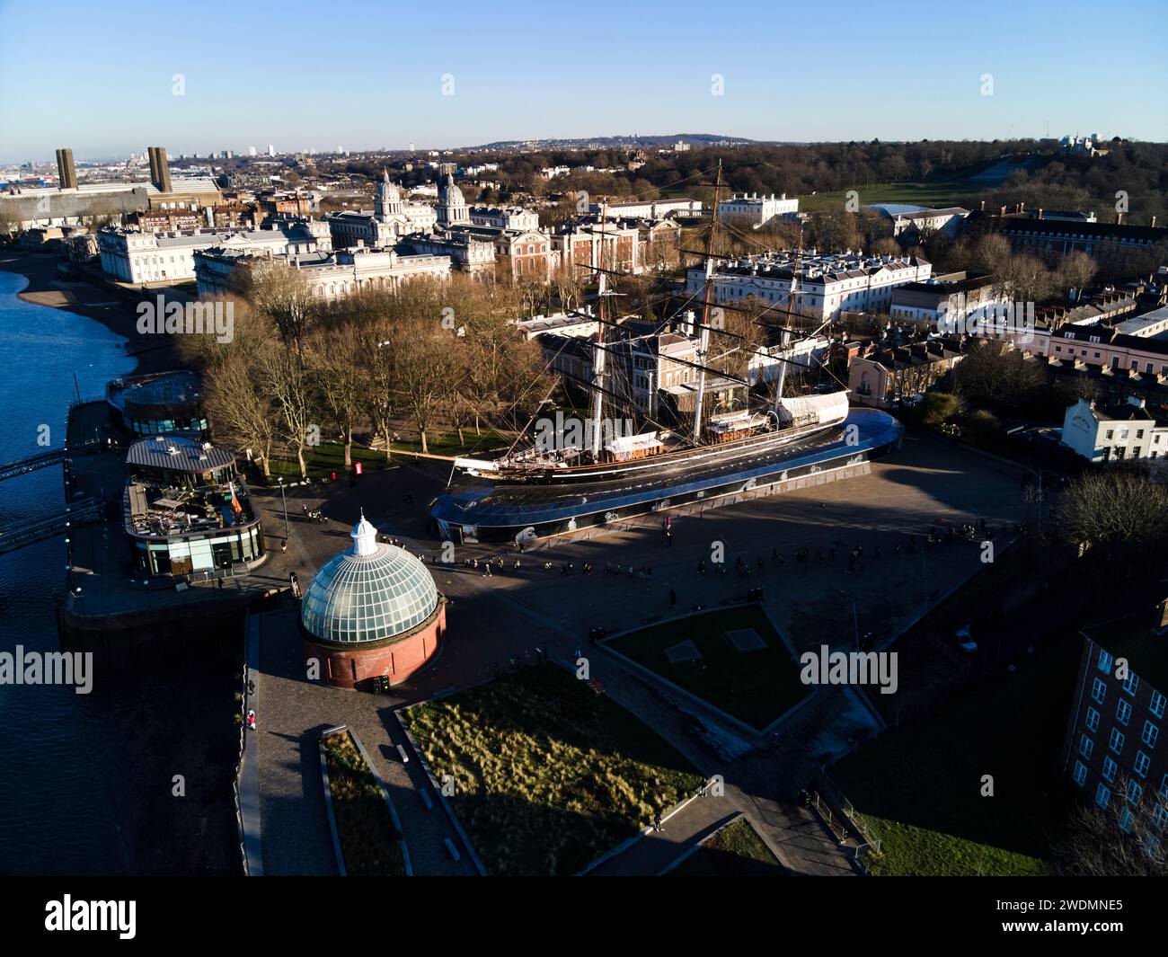 Cutty Sark Clipper, Greenwich Foot Tunnel e Greenwich, Inghilterra Foto Stock