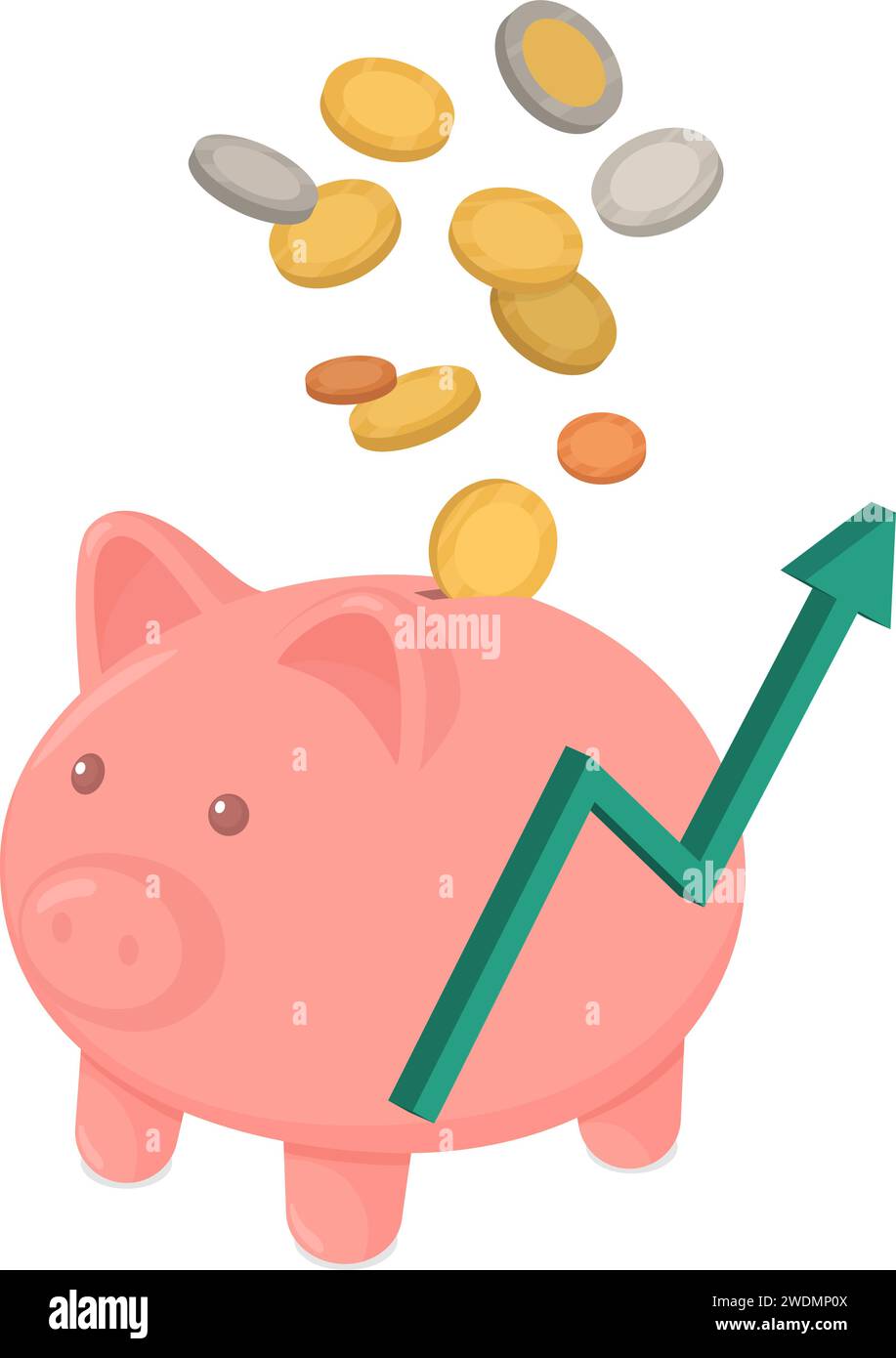 Monete che cadono in un salvadanaio e freccia di tendenza positiva Illustrazione Vettoriale