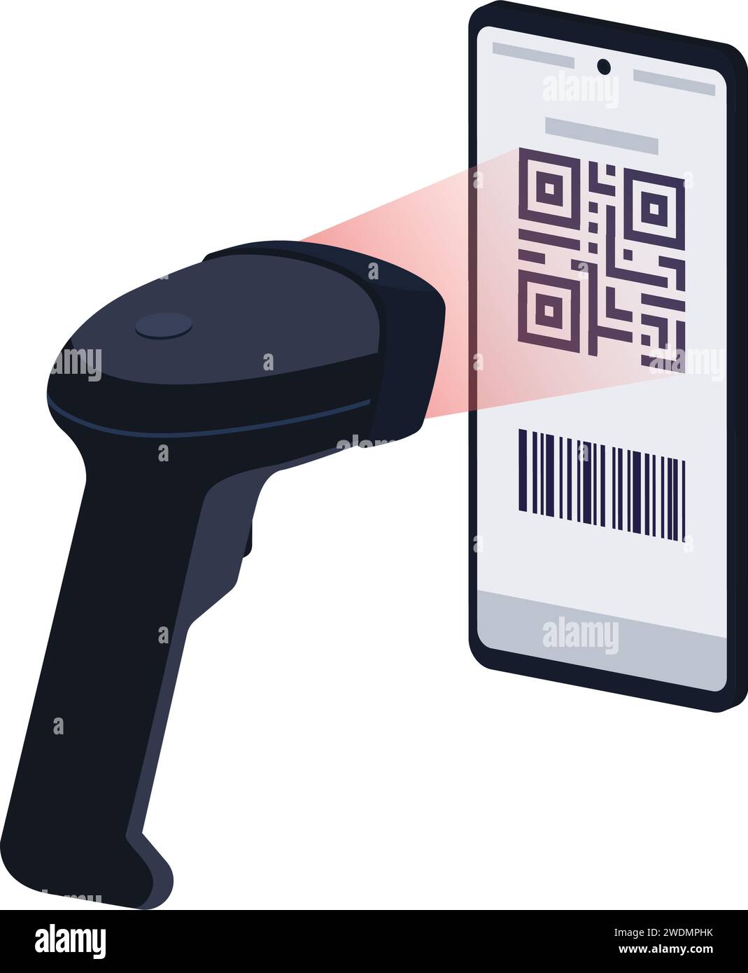 Scanner che riconosce e legge un codice QR sullo schermo dello smartphone, concetto di pagamento del codice QR Illustrazione Vettoriale