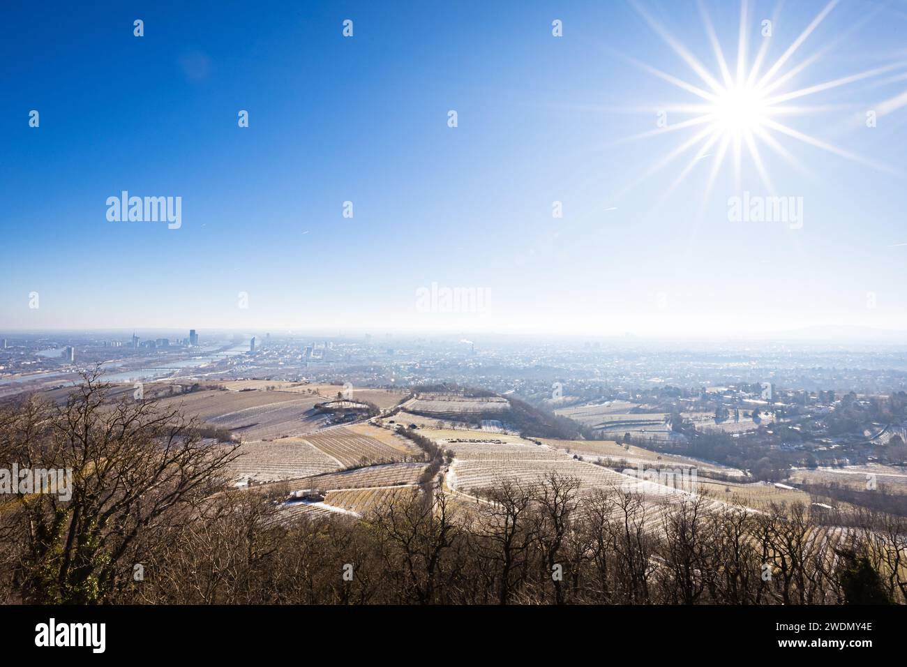 Vienna, Austria in Europa. Vista panoramica della città e del fiume danubio dalla collina di Kahlenberg. Splendido paesaggio invernale diurno. Foto Stock