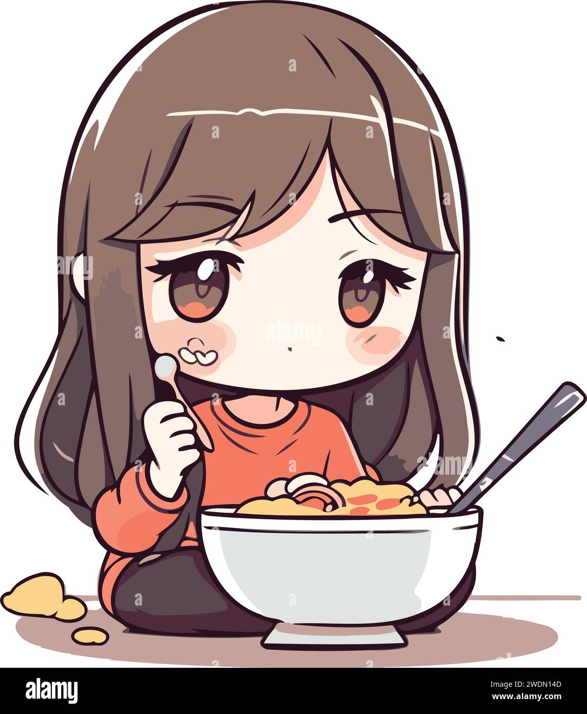Illustrazione di una bambina che mangia una ciotola di noodles Illustrazione Vettoriale