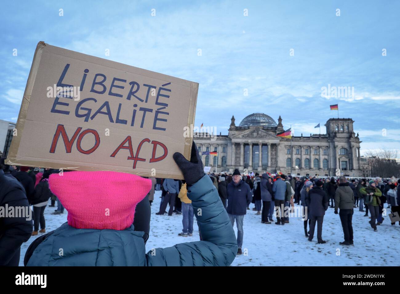 Berlino, Germania - 21 gennaio 2024: Il protestore tiene un cartello con la scritta "liberté, égalité, no AfD" per protestare contro l'estremismo di destra al Reichstag Foto Stock