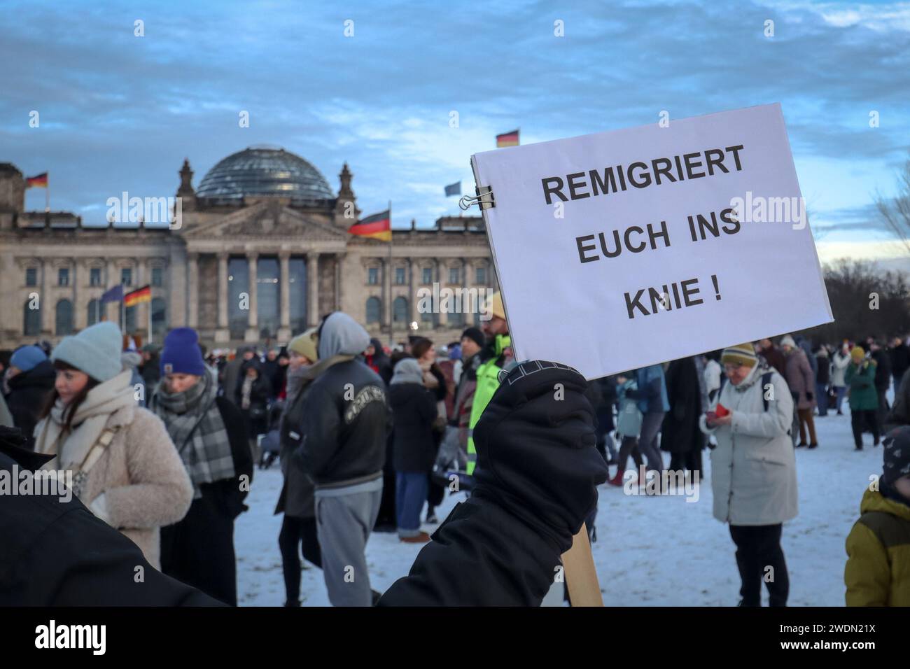 Berlino, Germania - 21 gennaio 2024: Il manifestante tiene un segno creativo contro i piani di deportazione per protestare contro l'estremismo di destra al Reichstag Foto Stock