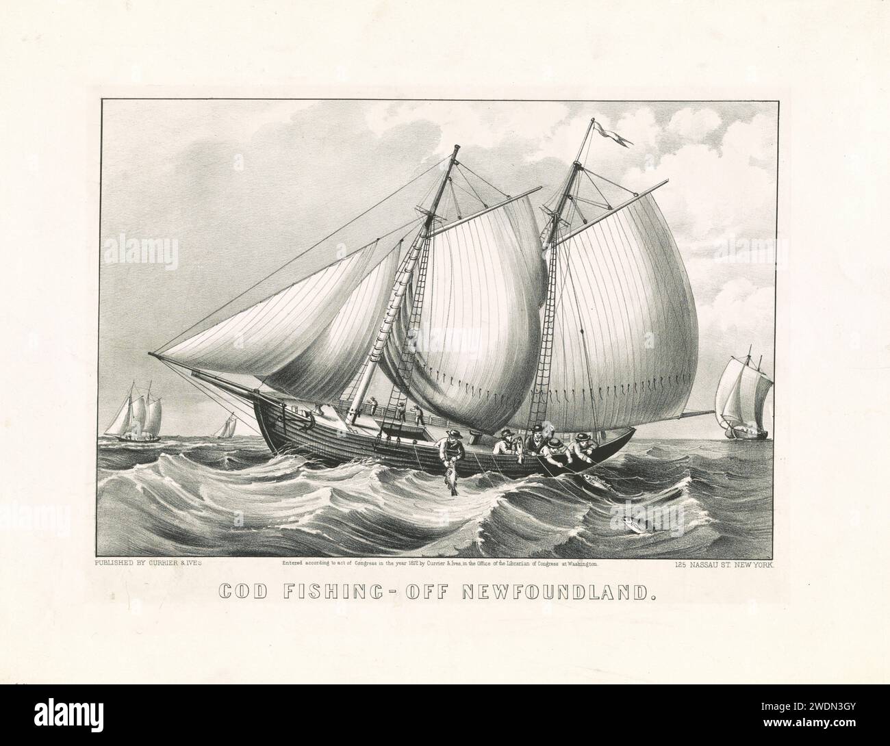 Pesca del merluzzo al largo di Terranova. Stampa vintage pubblicata da Currier e Ives. xix secolo Foto Stock