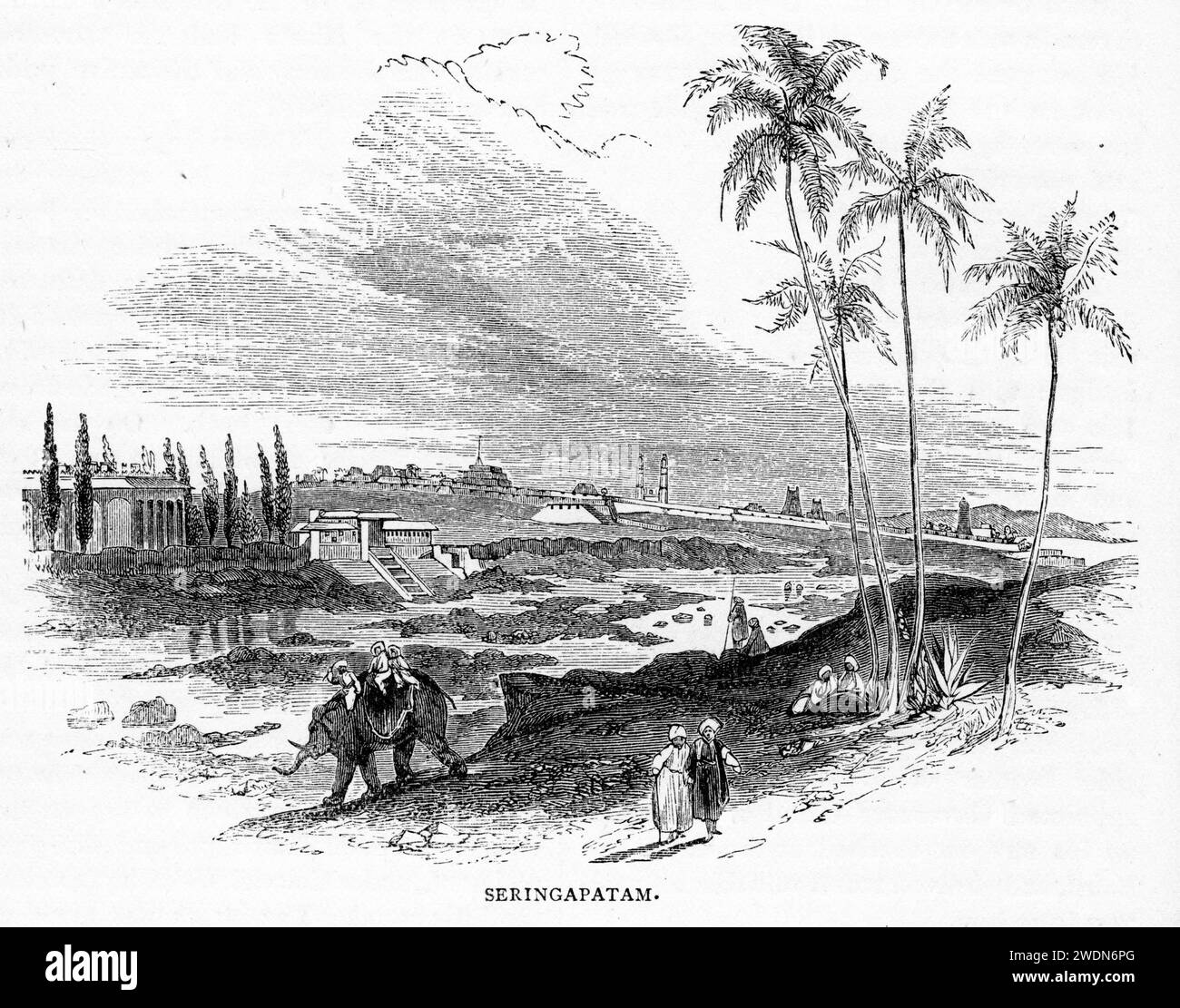 Incisione di Srirangapatna, una città e sede di uno dei sette Taluk del distretto di Mandya, nello stato indiano del Karnataka. Prende il nome dal tempio Ranganthaswamy consacrato intorno al 984 d.C. Più tardi, sotto il dominio britannico, la città fu rinominata Seringapatnam. Situato vicino alla città di Mandya, è di importanza religiosa, culturale e storica., circa 1880 Foto Stock