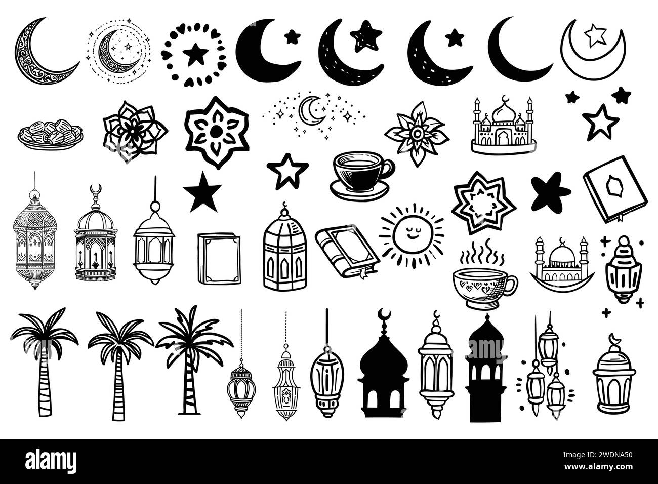Set illustrazioni vettoriali disegnate a mano Ramadan e Eid al-Fitr. Simboli della festa musulmana: Fanosa, perline di preghiera, decorativa, cibo e bevande, tappetino di preghiera. Illustrazione Vettoriale