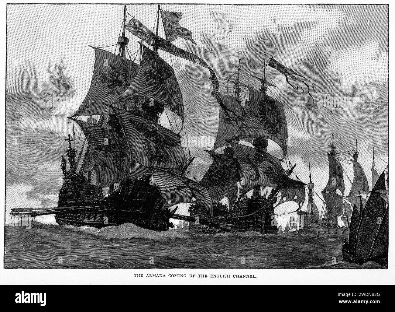 Incisione dell'armata spagnola che salpava sul canale inglese; pubblicato nel 1904 Foto Stock