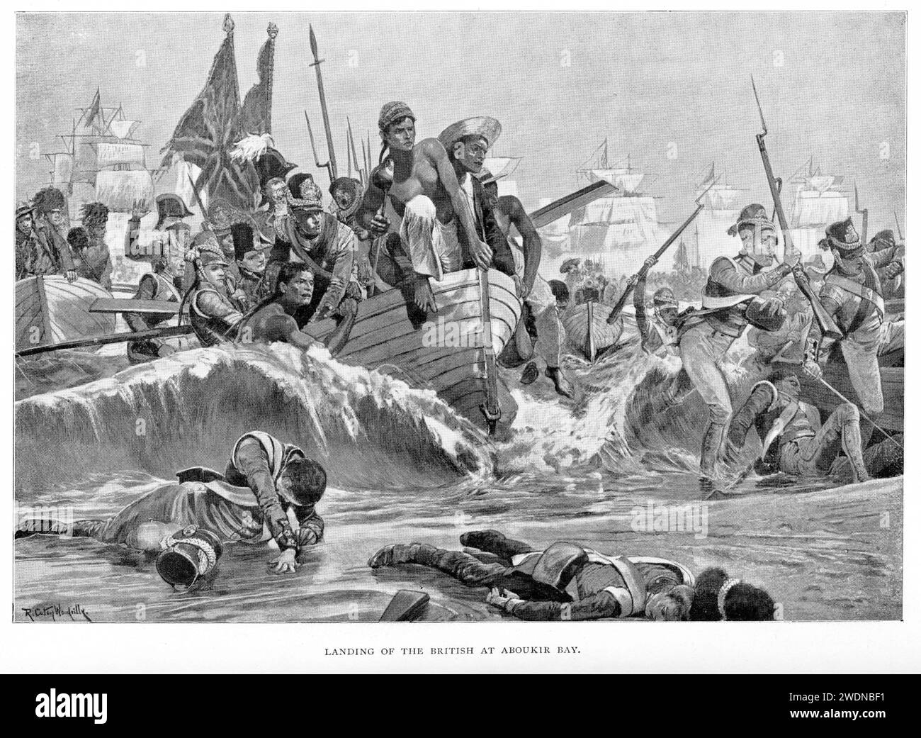 Lo sbarco britannico a Aboukir Bay, in Egitto, l'8 marzo 1801, guidato dal generale Sir Ralph Abercromby Foto Stock