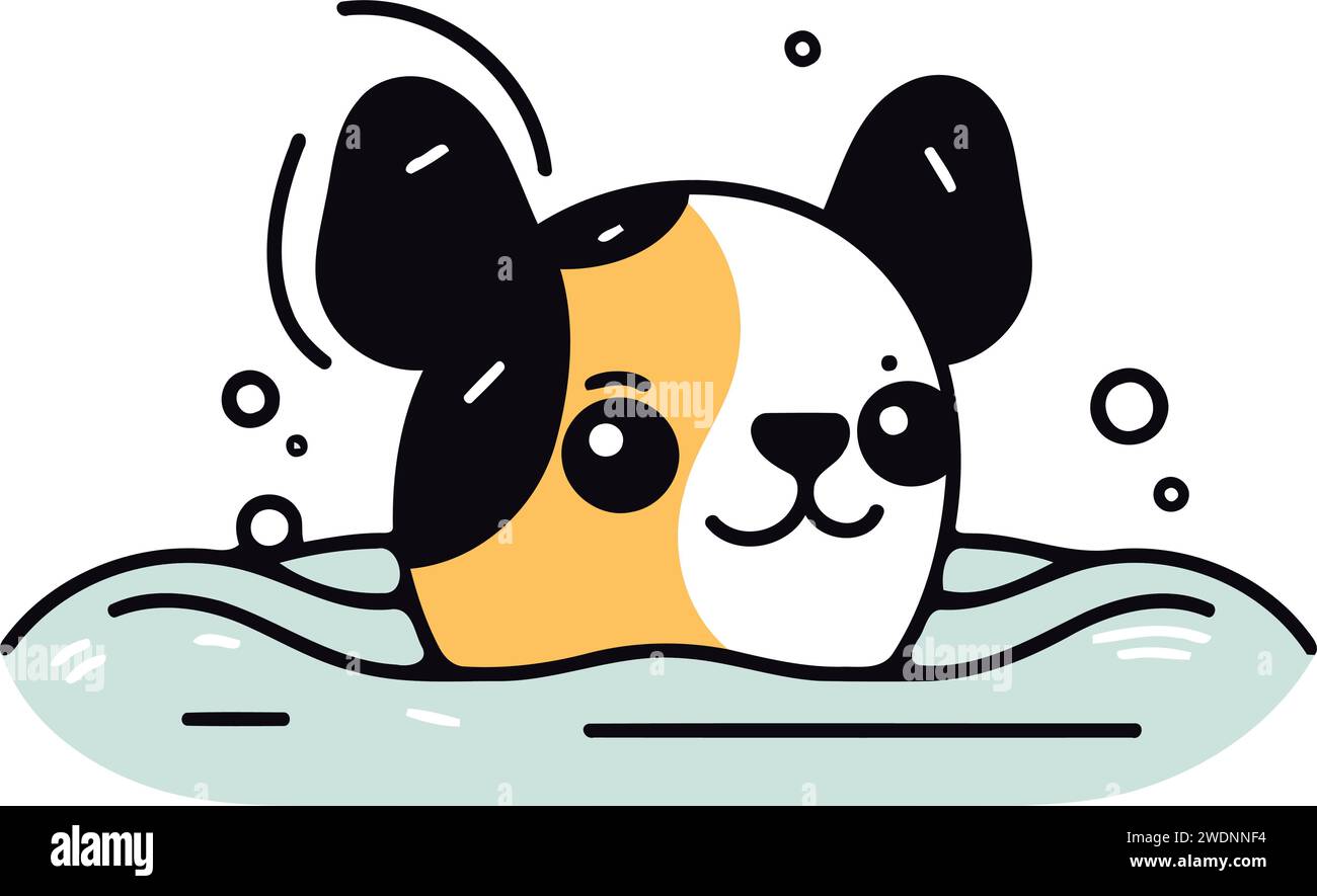 Carino cane panda che nuota nel mare. Illustrazione vettoriale. Illustrazione Vettoriale