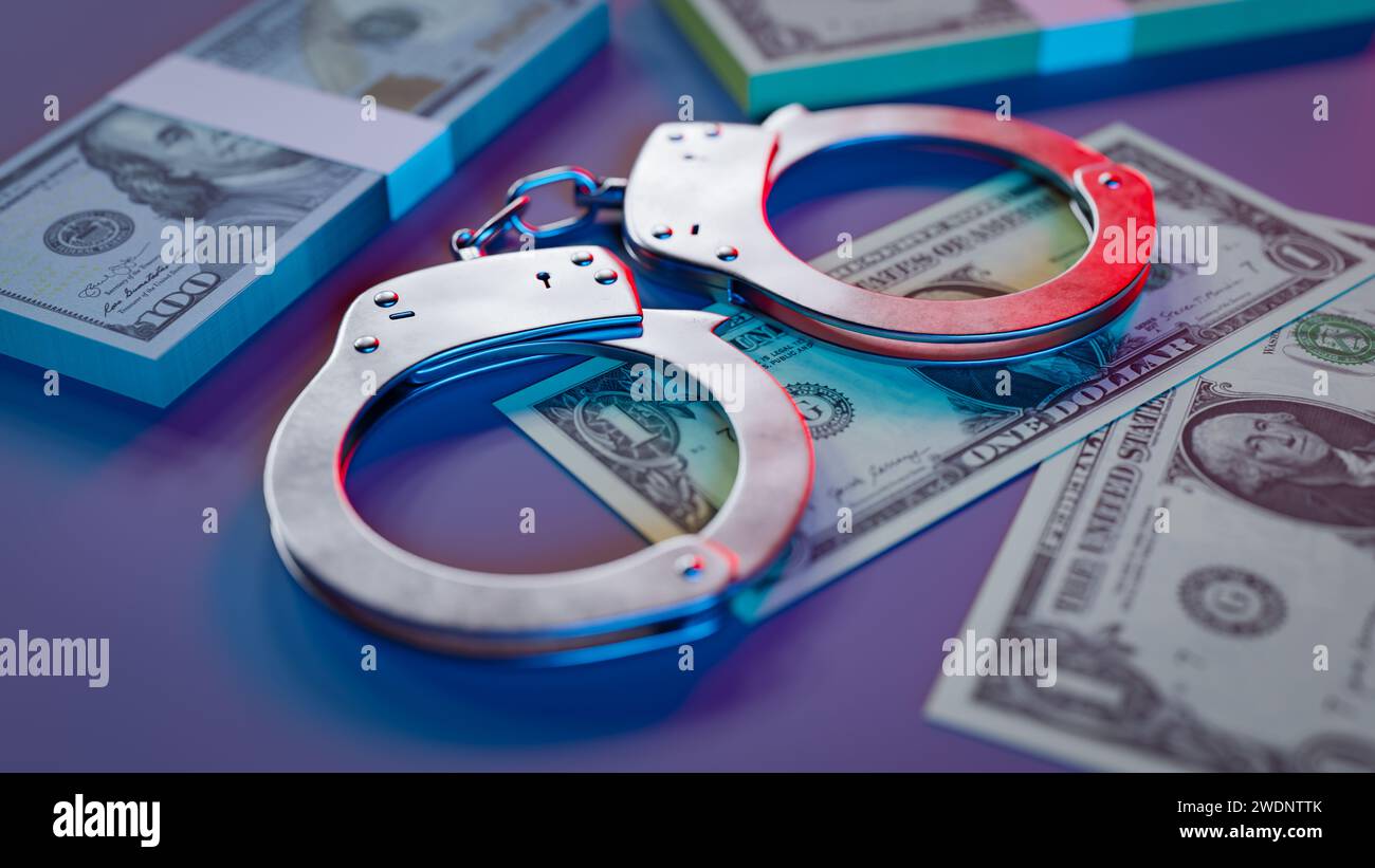 Informazioni di base sul concetto di criminalità finanziaria con banconote e manette in dollari, rendering 3d. Foto Stock