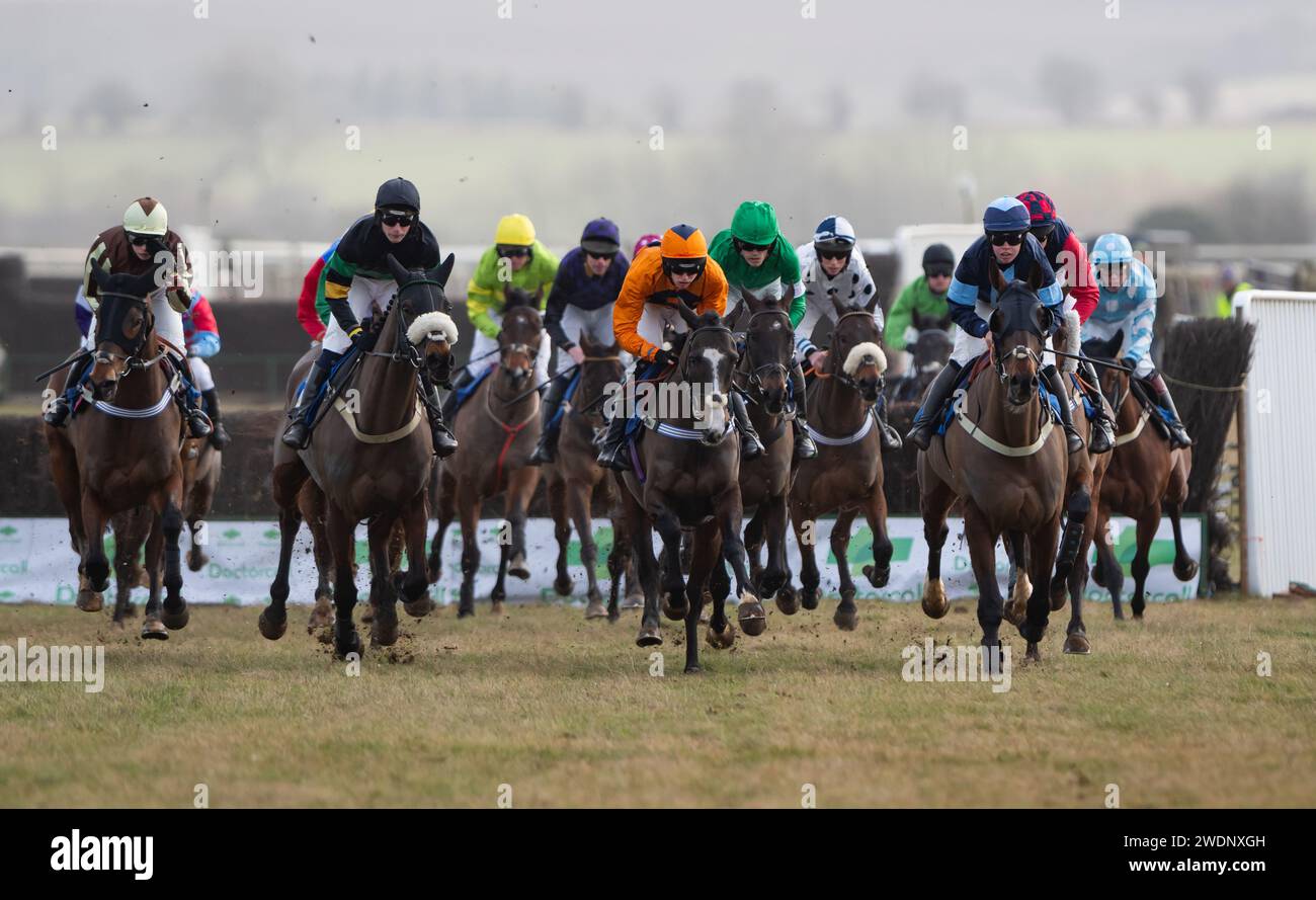 Caballo Diablo e il fantino Paddy Barlow (sete arancioni) vincono il Restricted all'Heythrop Hunt P2P a Cocklebarrow. Credito immagini equine JTW / Alamy. Foto Stock