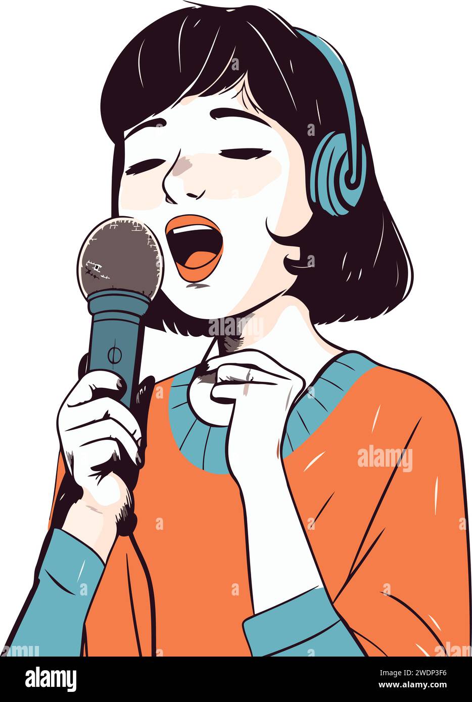 Bella ragazza che canta karaoke con microfono. Illustrazione vettoriale. Illustrazione Vettoriale
