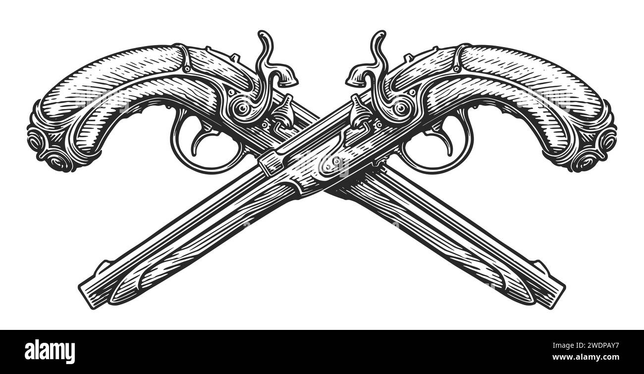 Pistole incrociate, sketch. Due pistole Flintlock, armi da fuoco. Illustrazione vettoriale vintage disegnata a mano Illustrazione Vettoriale