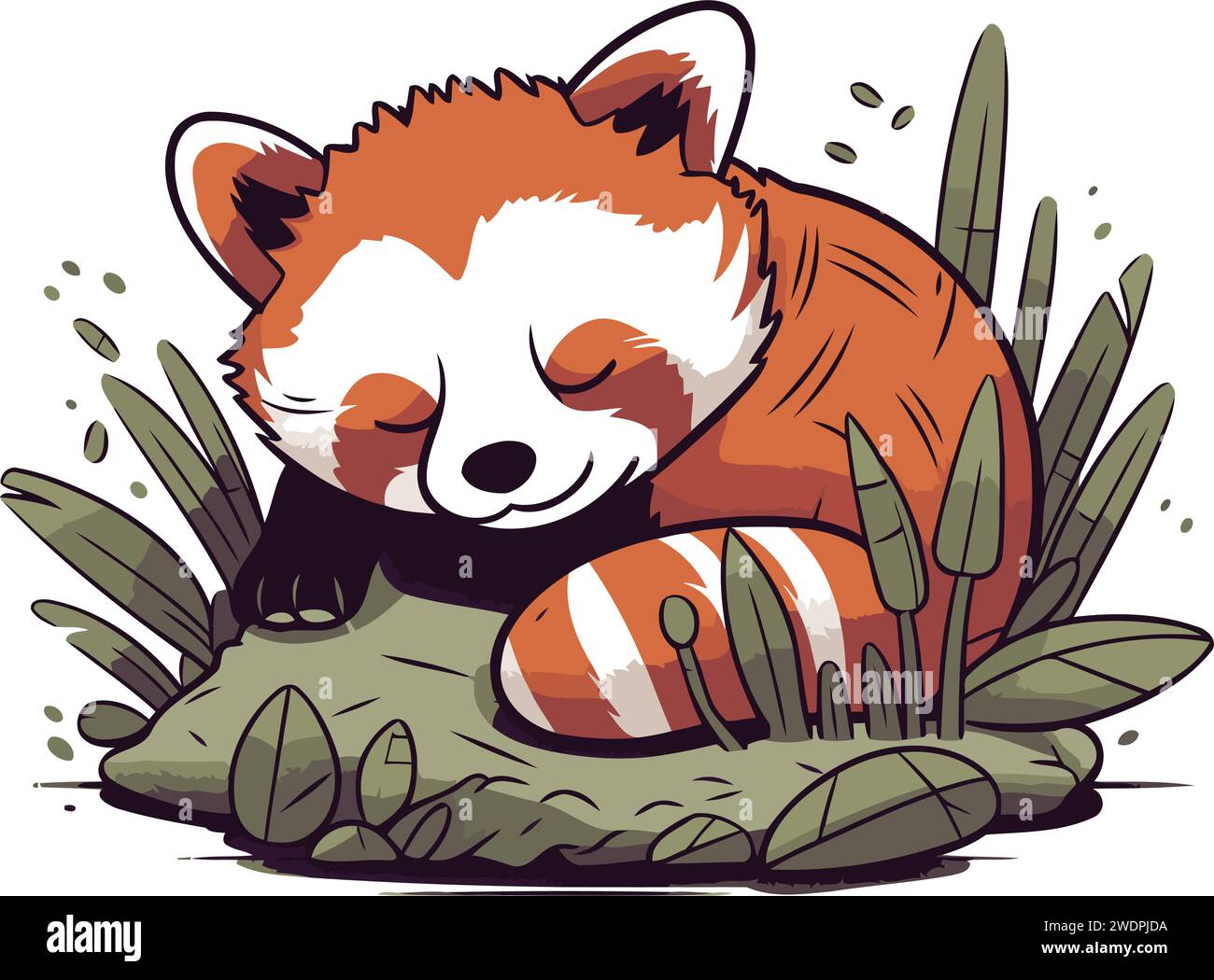 Grazioso panda rosso che giace nell'erba. Illustrazione vettoriale. Illustrazione Vettoriale
