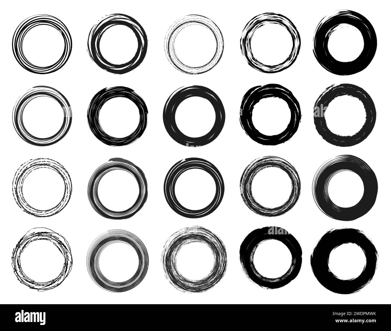 Collezione Grunge Distressed Circle Set. Cerchi stile traccia pennello bordo cornice. Linee nere a forma di cerchio, elementi di texture grunge isolati Illustrazione Vettoriale
