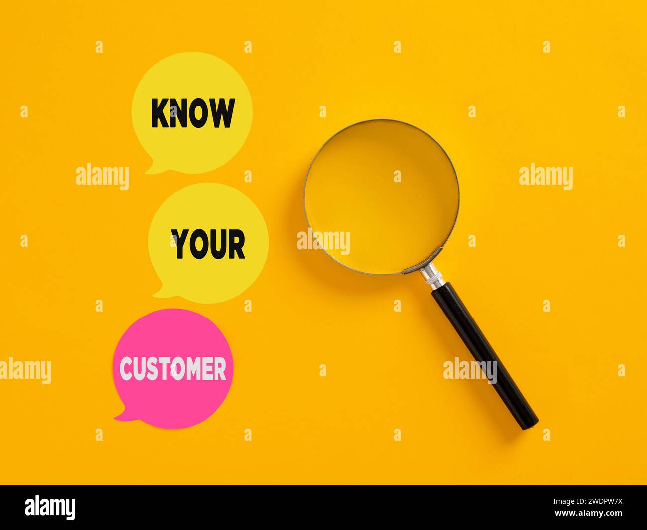 Conoscere il messaggio KYC del cliente sulle bolle vocali con una lente d'ingrandimento. Verificare l'identità, l'idoneità e i rischi in un rapporto commerciale con Foto Stock