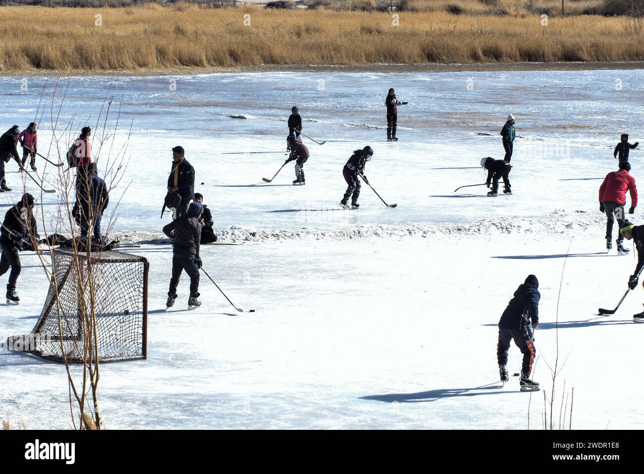 Hockey su ghiaccio sul fiume ghiacciato, Leh, Ladakh, Kashmir, India, Asia Foto Stock
