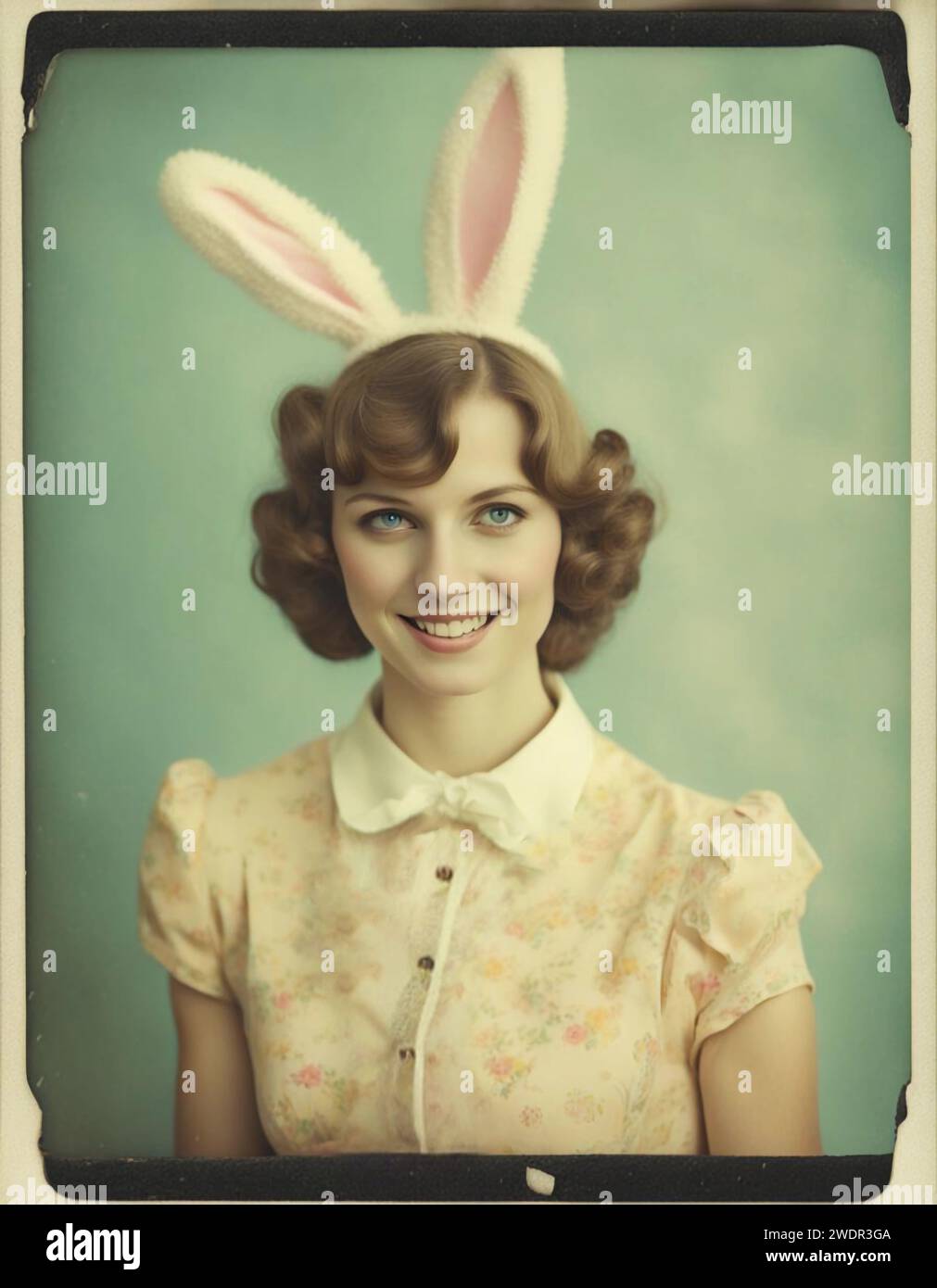Foto d'archivio vintage di una giovane donna che indossa orecchie di coniglio per Pasqua. Divertente foto retrò di una donna che indossa orecchie di coniglio pasquale. Foto Stock