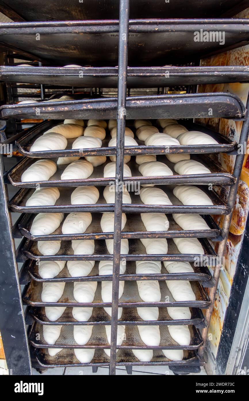 Impasto fresco formato per il pane - pronto per essere cotto - impasto del pane in una panetteria di strada a griglia a Midyat, Turchia Foto Stock