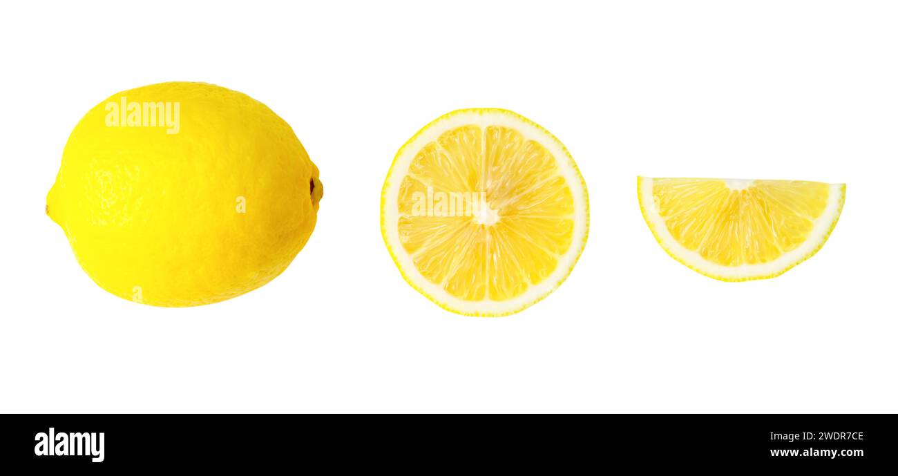 La vista dall'alto del bellissimo limone giallo con metà e fette o quarto è isolata su sfondo bianco con percorso di ritaglio. Foto Stock