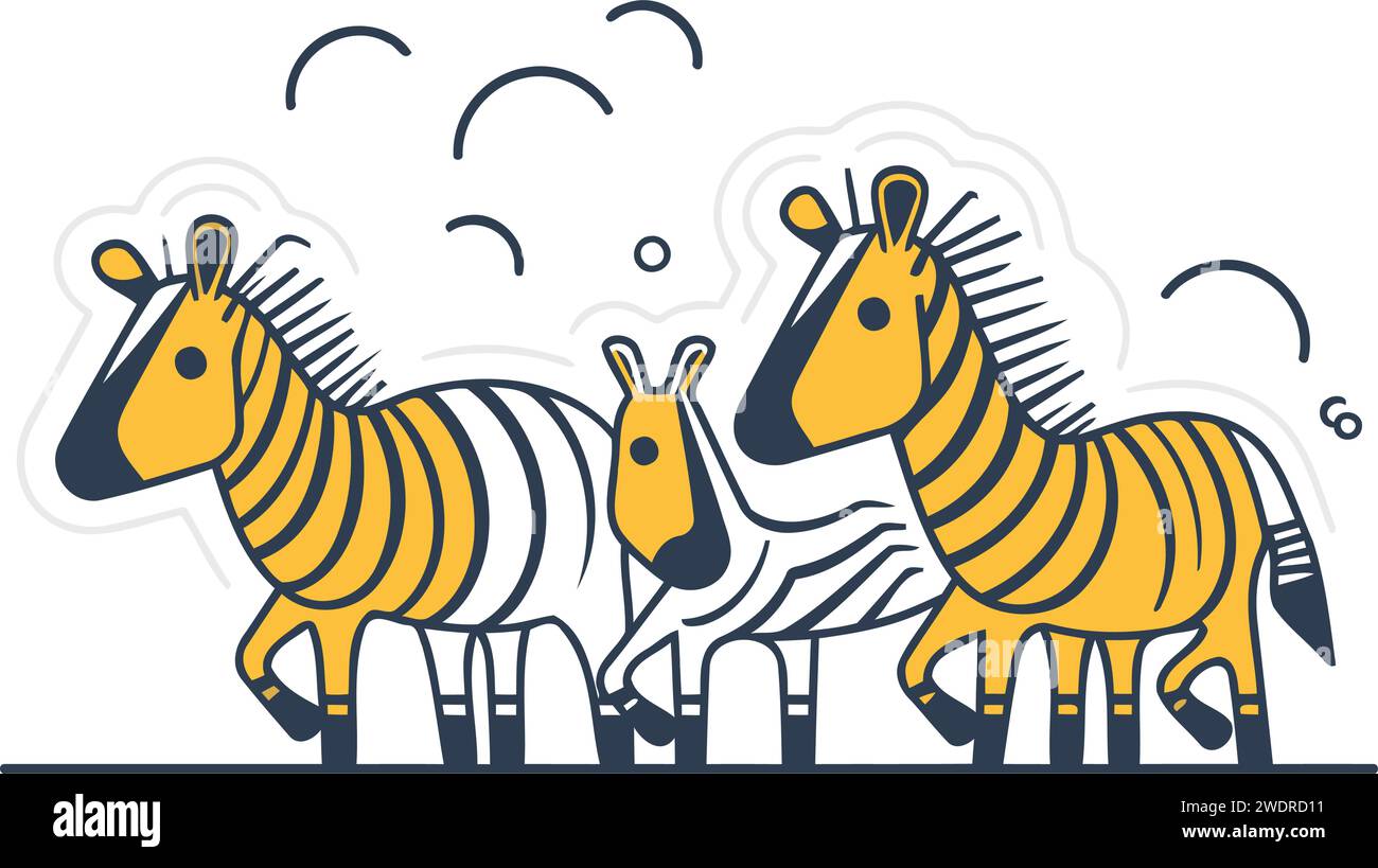 Illustrazione vettoriale della famiglia zebra in stile line art su sfondo bianco. Illustrazione Vettoriale