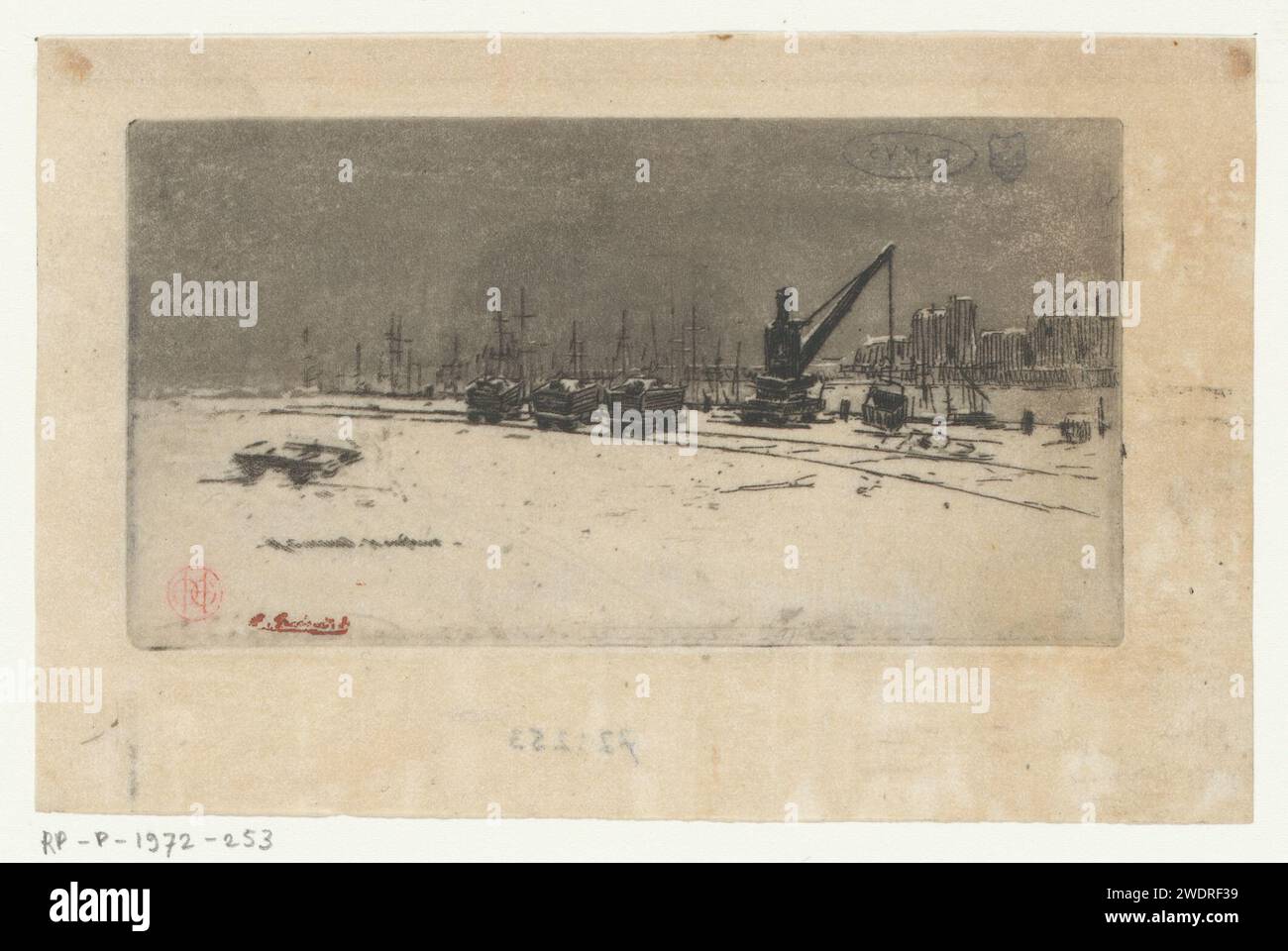 Faccia di neve a Parigi, Henri Charles Guérard, 1856 - 1897 pergamena stampata (materiale animale) che incide la neve. vista sulla città in generale; 'veduta'. Gru di attracco Parigi Foto Stock