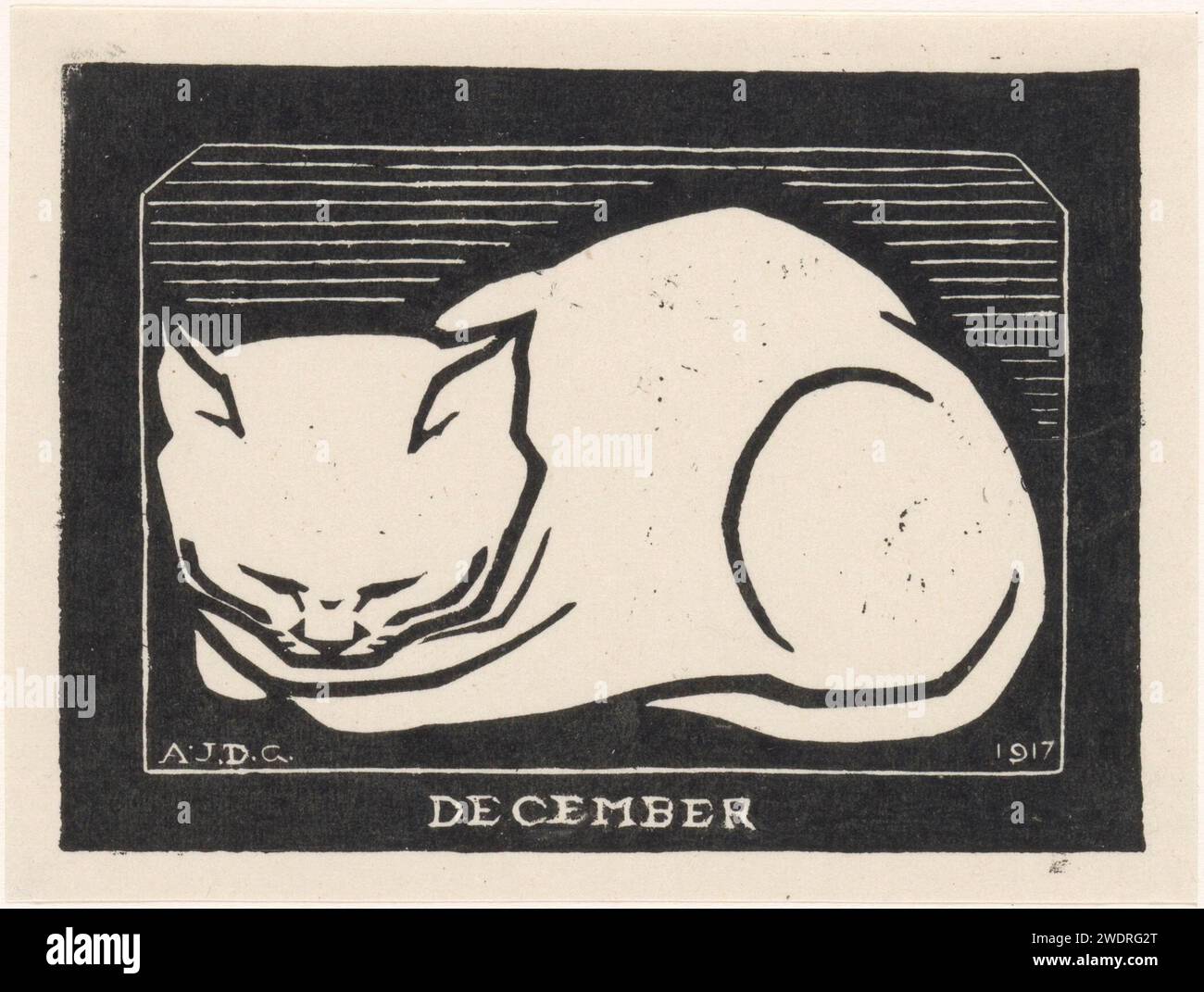 Dicembre, Julie de Graag, 1917 stampa Un gatto addormentato. Carta CAT. Dicembre; dicembre (maturo) Foto Stock