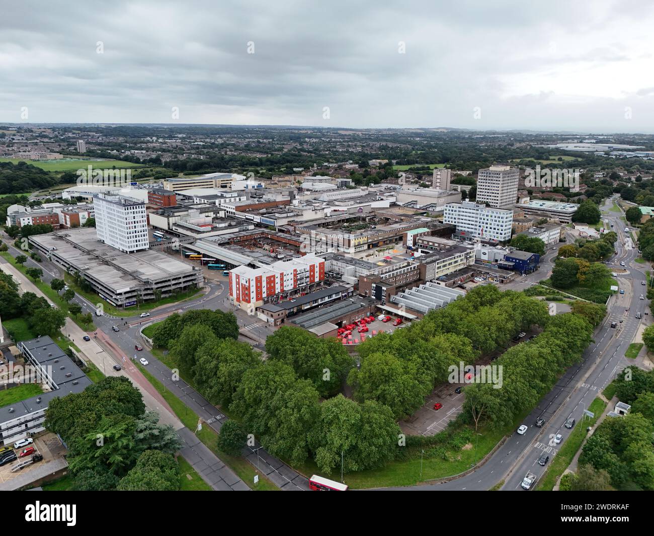 Centro città di Harlow, Essex UK drone, aereo Foto Stock