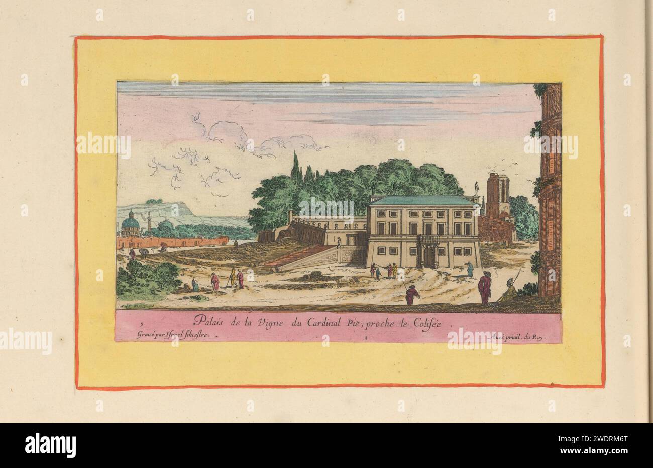 Palazzo del Cardinale Pio a Roma, Israele Silvestre, 1693 - 1717 stampa Vista del palazzo del Cardinale Pio a Roma. Sulla destra è visibile un bordo del Colosseo. Titolo in francese nel margine inferiore. La stampa fa parte di un album. Tipografia: Parispublisher: ParisIl palazzo dell'incisione della carta di HagueFrance. Vista sulla città e paesaggio con costruzioni artificiali Roma. Colosseo Foto Stock